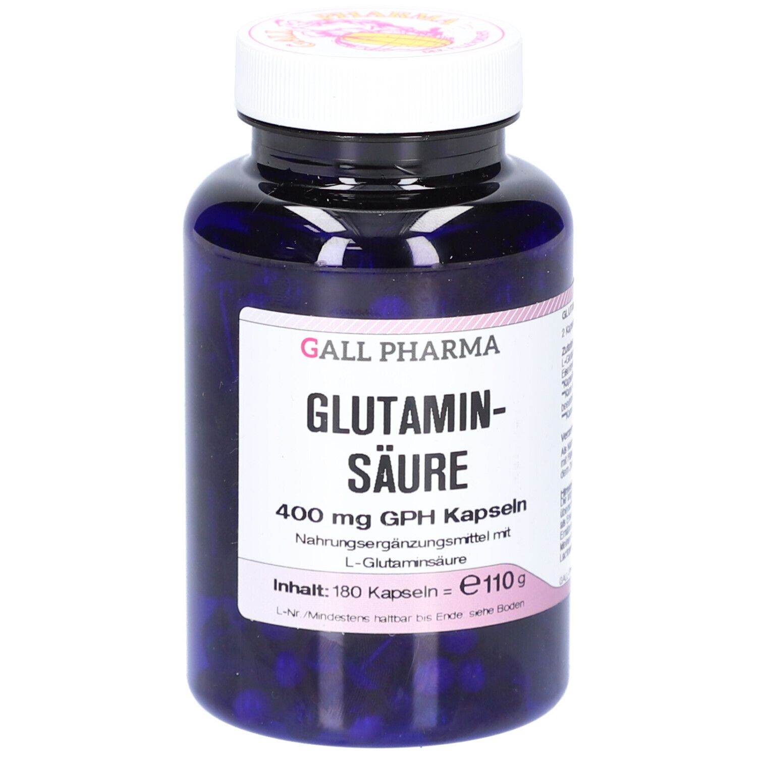 Blaue Flasche mit weißem Etikett. Aufschrift: Gall Pharma Glutaminsäure 400 mg GPH Kapseln. Inhalt: 180 Kapseln. Blaue Kapseln sichtbar.