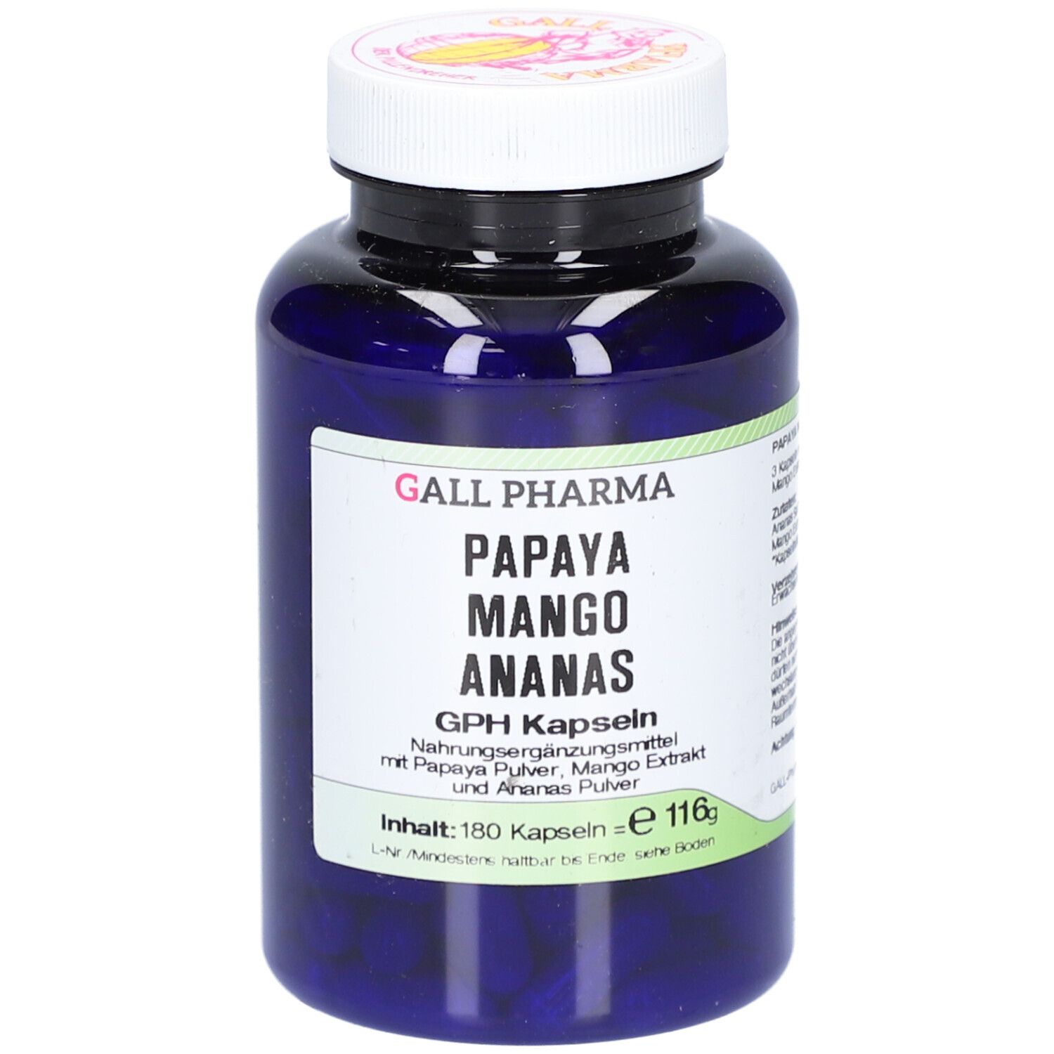 Blaue Flasche mit weißen Deckel. Aufschrift: PAPAYA MANGO ANANAS GPH Kapseln. Enthält 180 Kapseln.