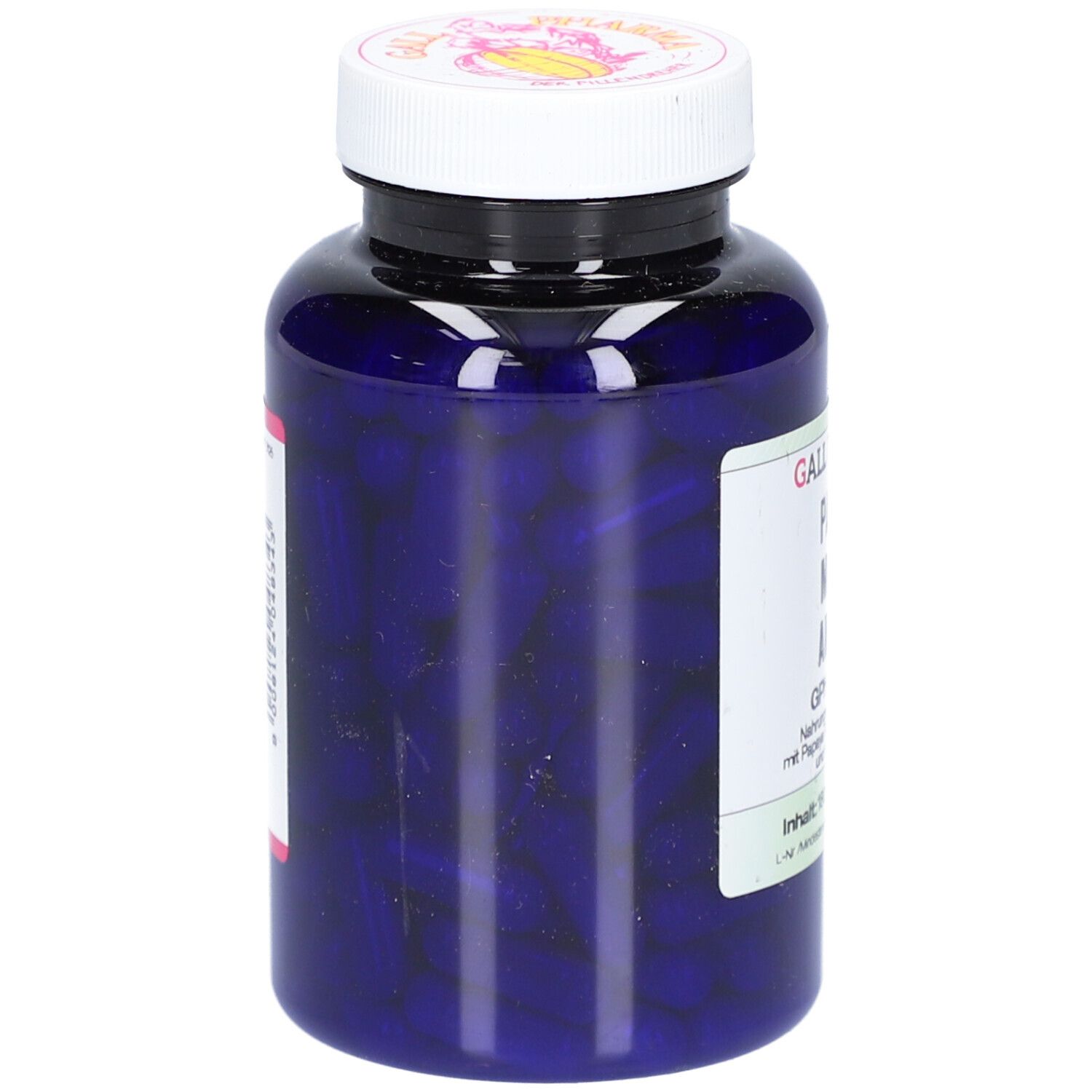 Blaue Flasche mit weißen Deckel. Kapseln im Inneren sichtbar. Aufschrift teilweise sichtbar.