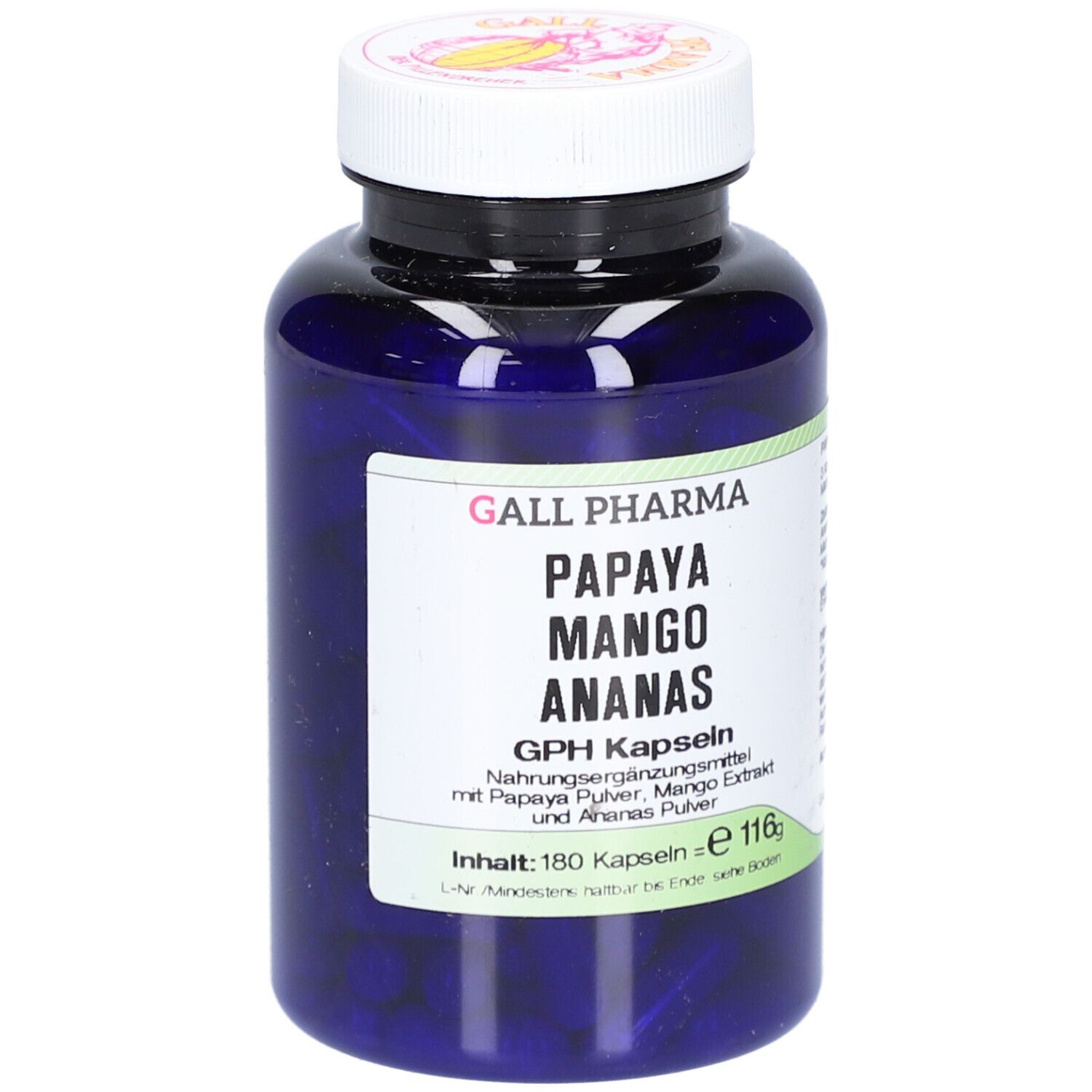 Blaue Flasche mit weißen Deckel. Aufschrift: PAPAYA MANGO ANANAS GPH Kapseln. Enthält 180 Kapseln.