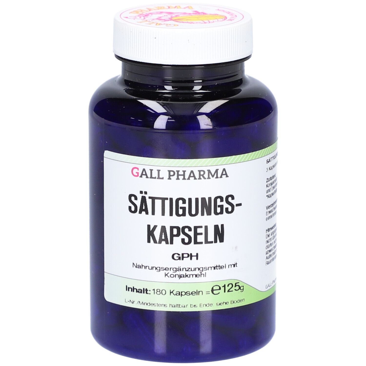 Blaue Flasche mit weißen Deckel. Aufschrift: SÄTTIGUNGSKAPSELN, GPH, Nahrungsergänzungsmittel. Inhalt: 180 Kapseln.