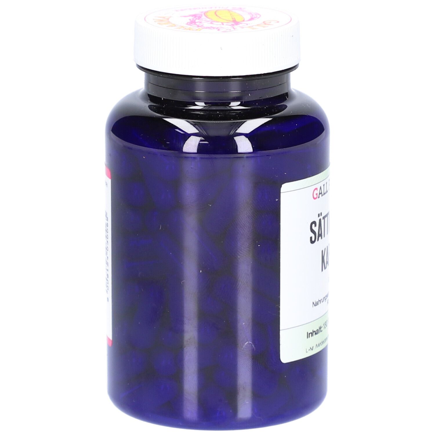 Blaue Flasche mit weißen Deckel. Aufschrift: SÄTTIGUNGSKAPSELN, GPH. Inhalt: Kapseln. Etikett mit Produktinformationen.