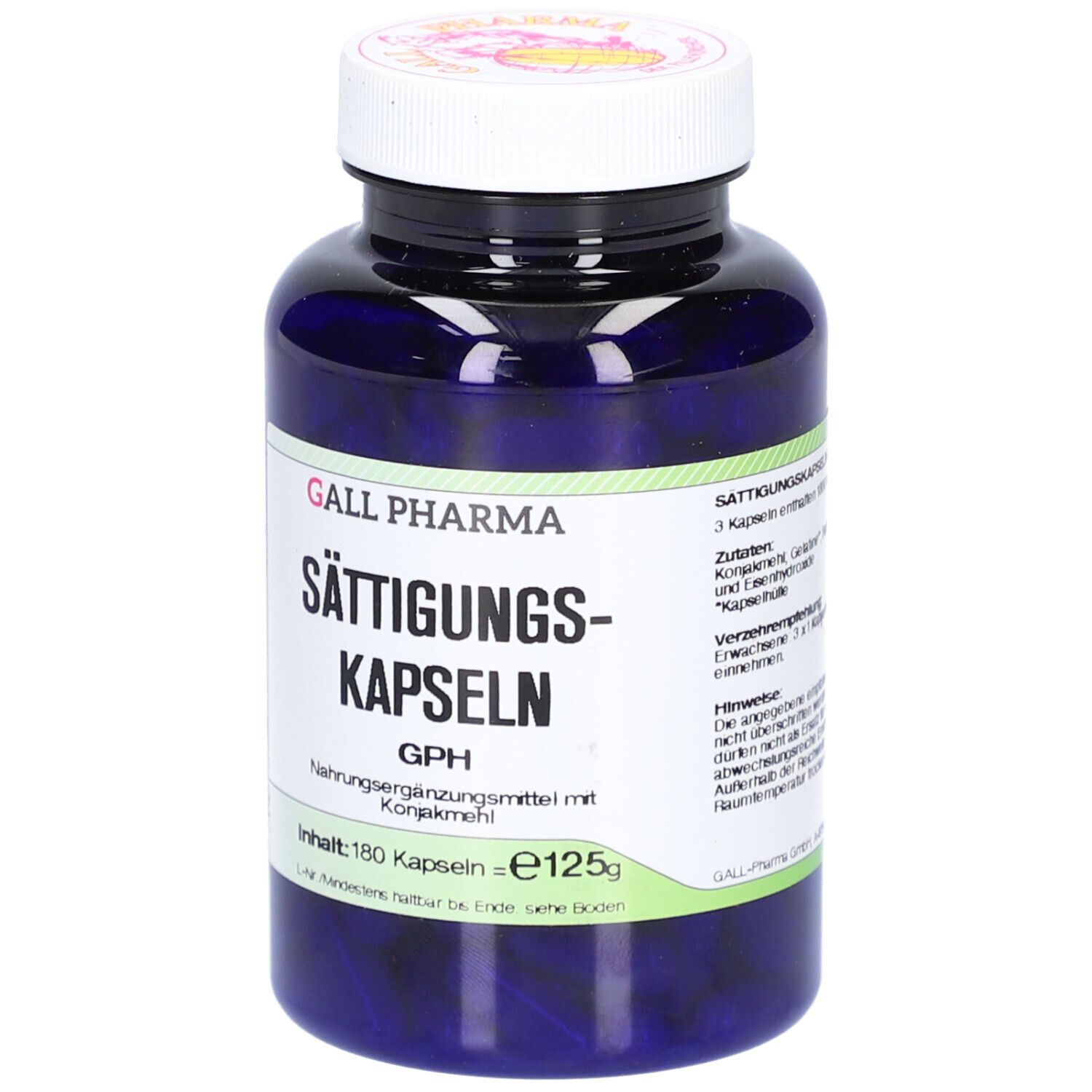Blaue Flasche mit weißen Deckel. Aufschrift: SÄTTIGUNGSKAPSELN, GPH, Nahrungsergänzungsmittel. Inhalt: 180 Kapseln.