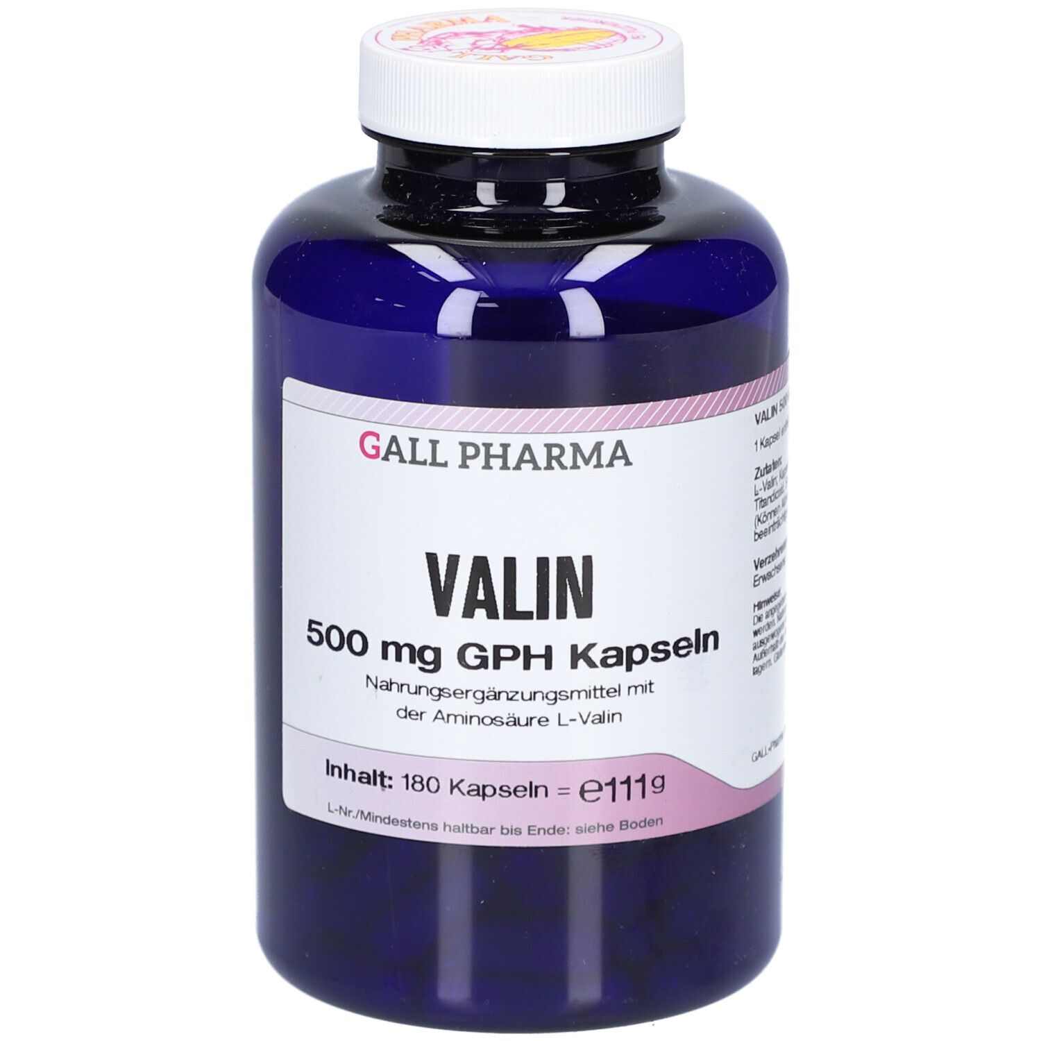 Blaue Flasche mit weißem Deckel. Etikett mit "GALL PHARMA VALIN 500 mg GPH Kapseln". Enthält 180 Kapseln.