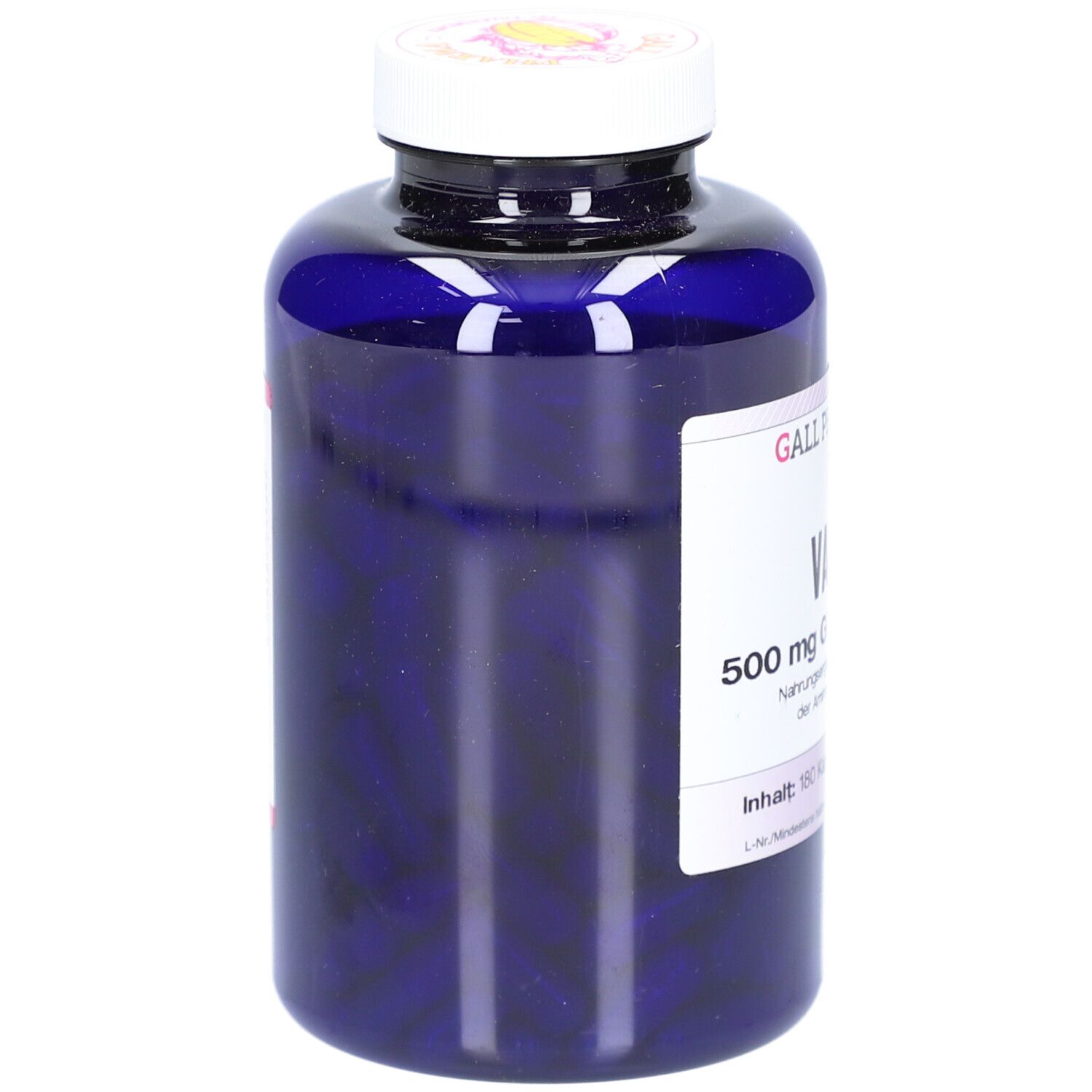 Blaue Flasche mit weißem Deckel. Etikett mit Produktinformationen. Enthält Kapseln.