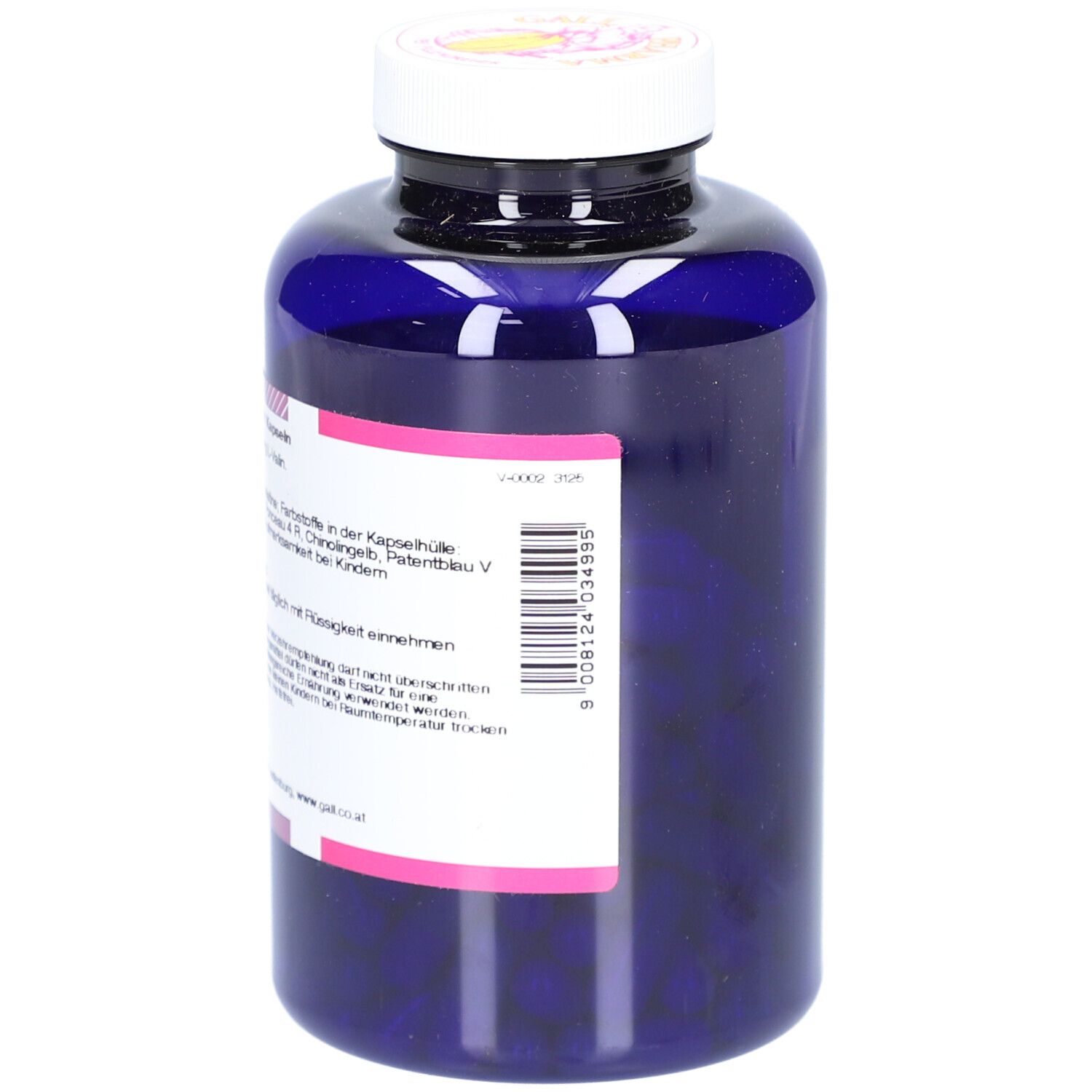 Rückseite einer blauen Flasche mit weißem Deckel. Etikett mit Produktinformationen und Barcode.