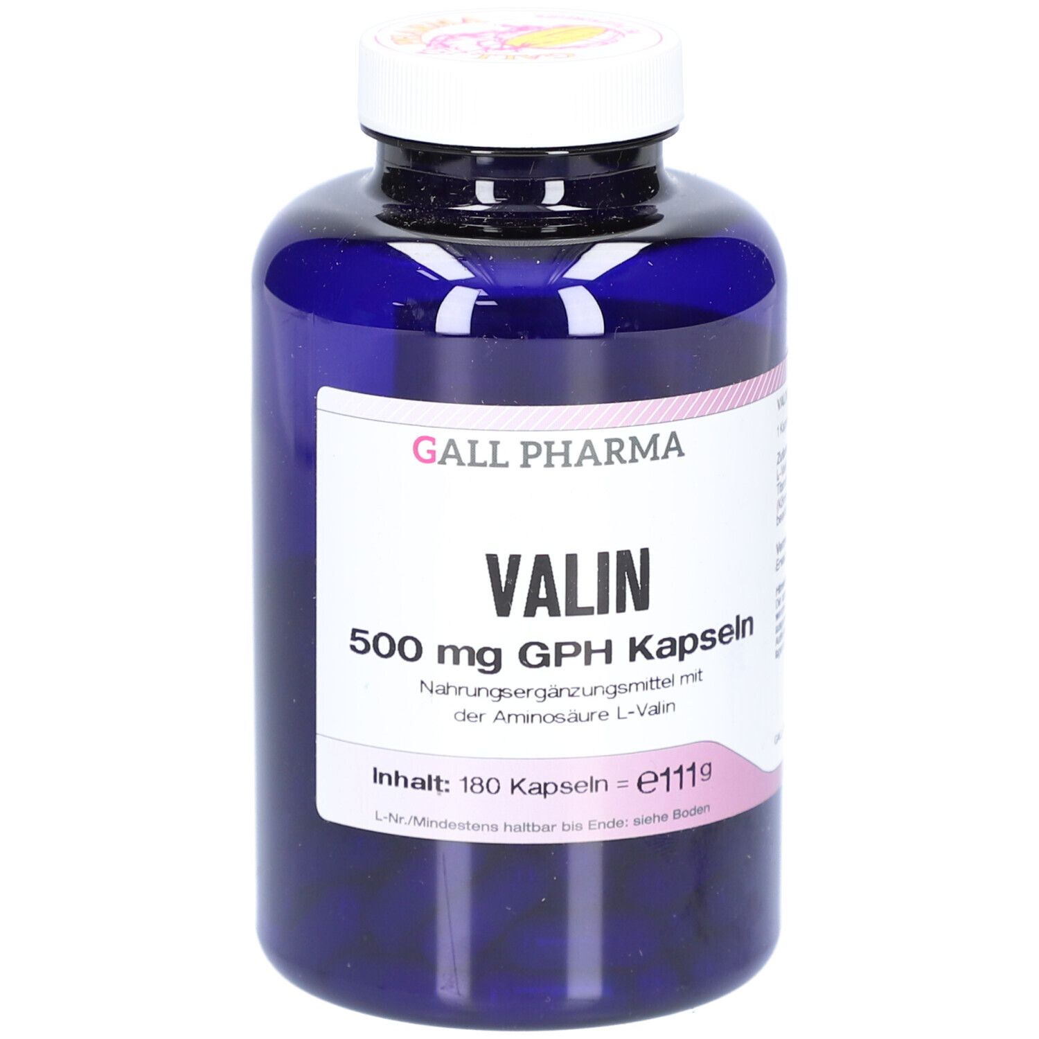 Blaue Flasche mit weißem Deckel. Etikett mit "GALL PHARMA VALIN 500 mg GPH Kapseln".