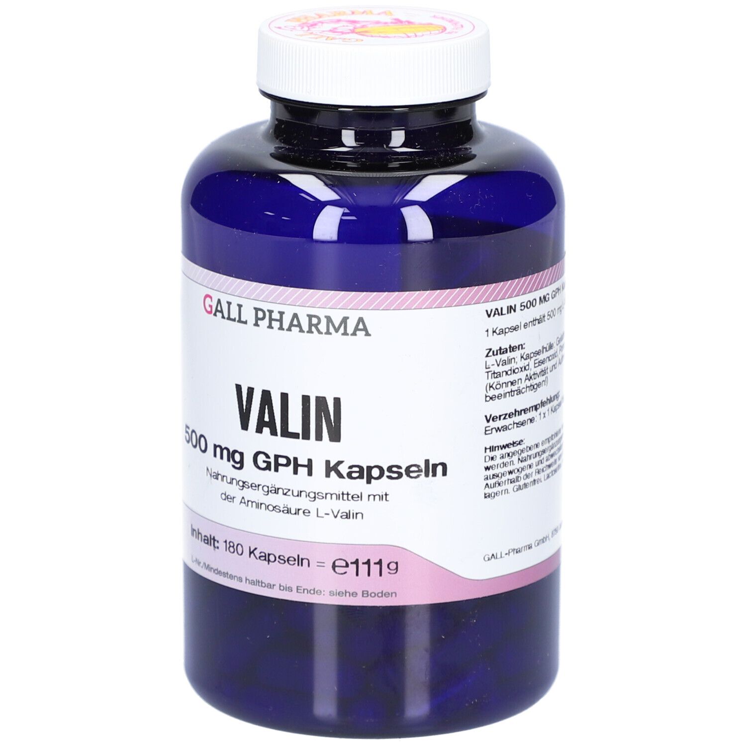 Blaue Flasche mit weißem Deckel. Etikett mit "GALL PHARMA VALIN 500 mg GPH Kapseln".