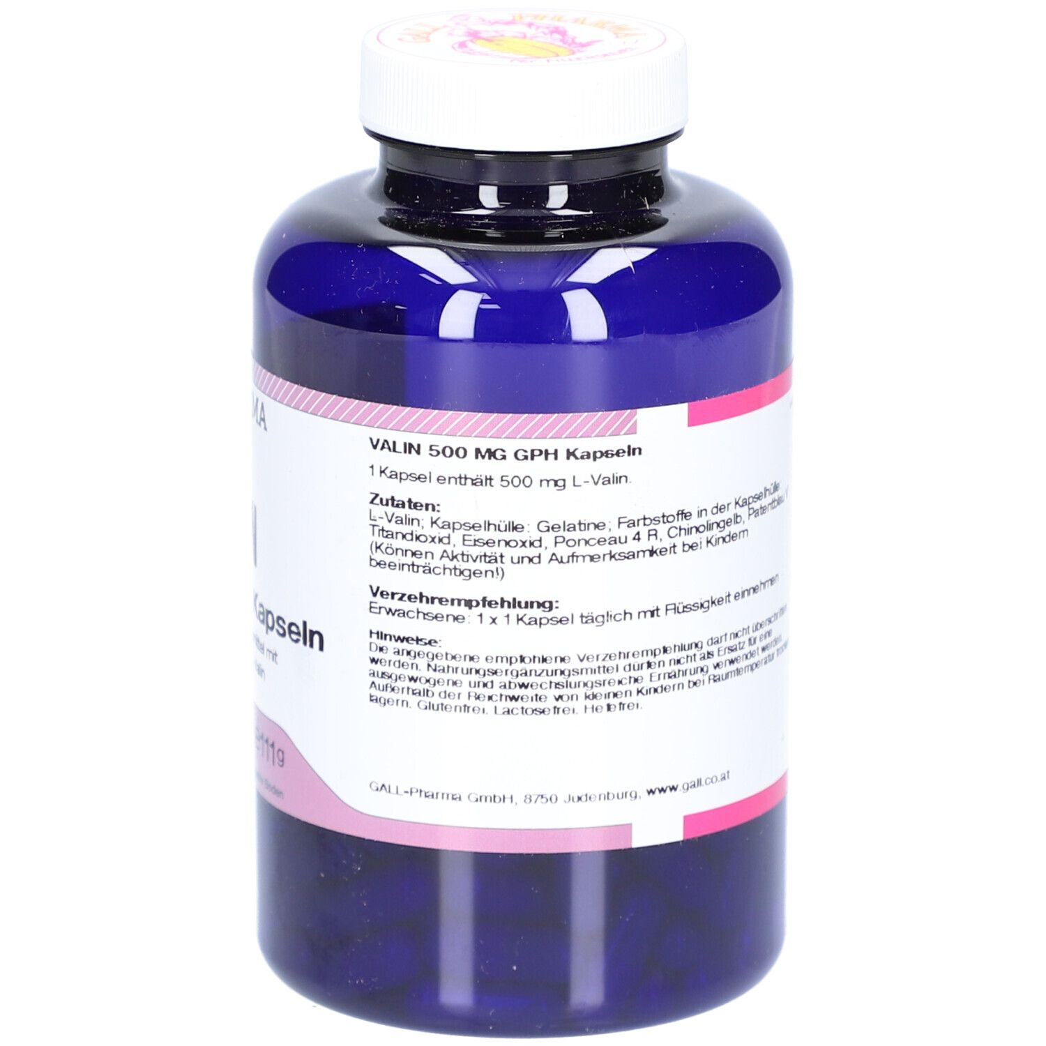 Blaue Flasche mit weißem Deckel. Etikett mit Produktinformationen, einschließlich Dosierung.