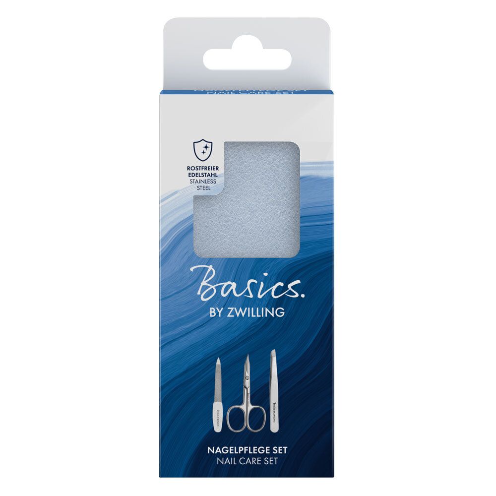 Nagelpflege-Set in Verpackung. Enthält Feile, Schere, und Werkzeuge. Marke Basics by Zwilling. Rostfreier Edelstahl.