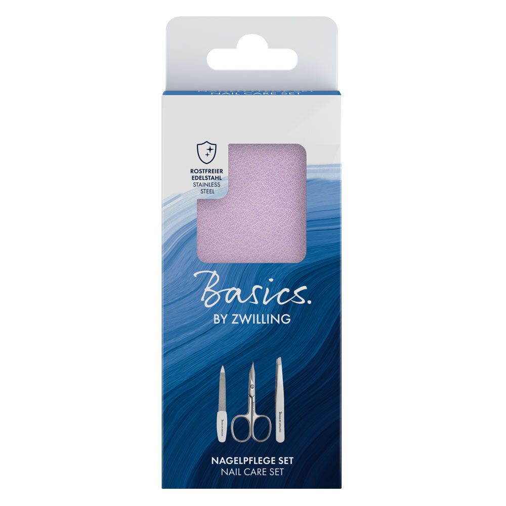 Nagelpflege-Set in Verpackung. Basics by Zwilling. Enthält Schere, Feile und Pinzette. Rostfreier Edelstahl.