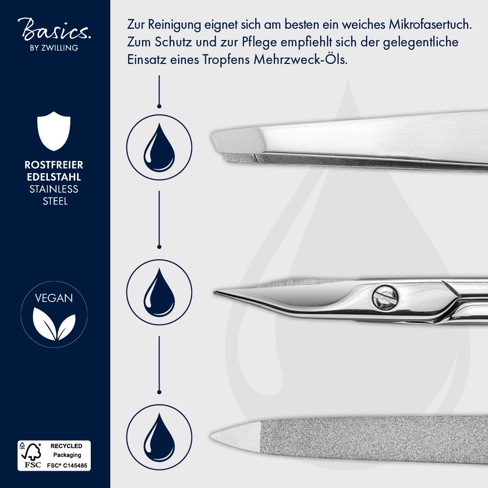 Nahaufnahme von Nagelpflege-Set-Komponenten. Schere, Pinzette und Feile. Basics by Zwilling. Rostfreier Edelstahl.