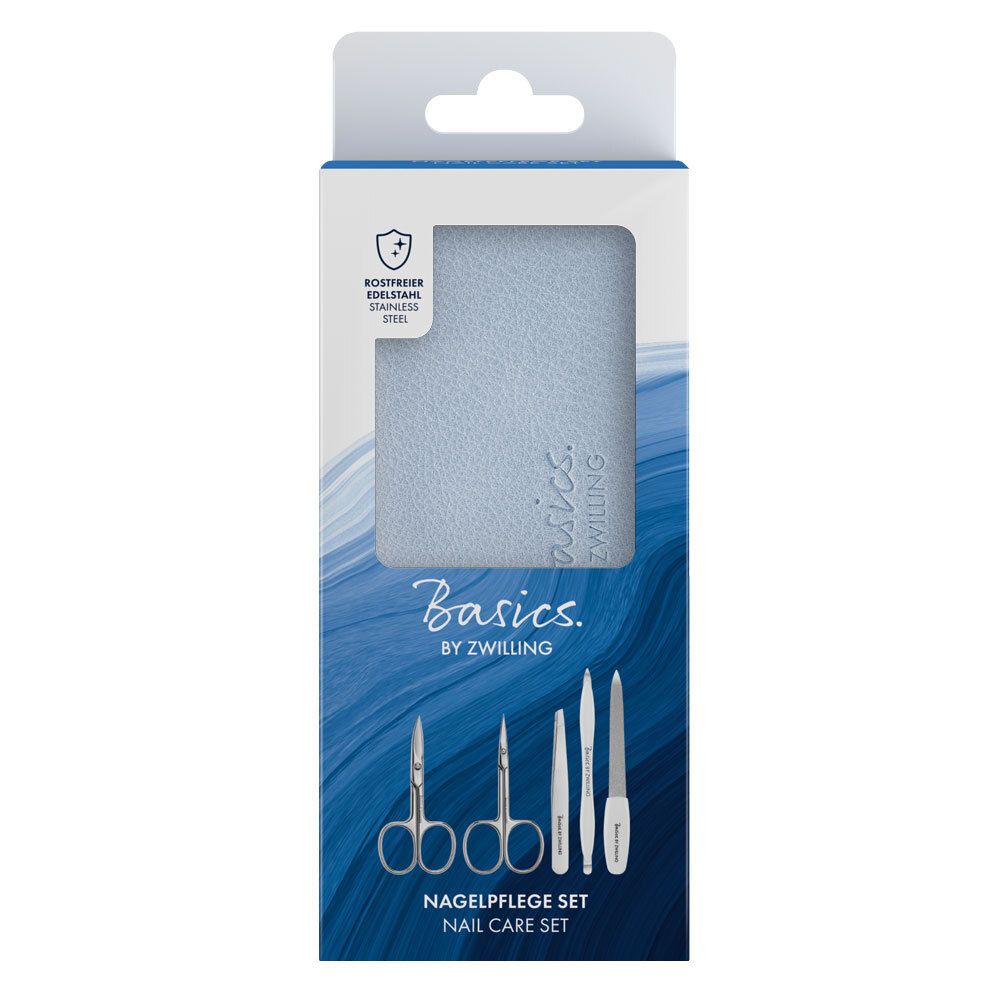Nagelpflege-Set in Verpackung. Enthält Schere, Feile und weitere Instrumente. Marke: Basics by Zwilling.