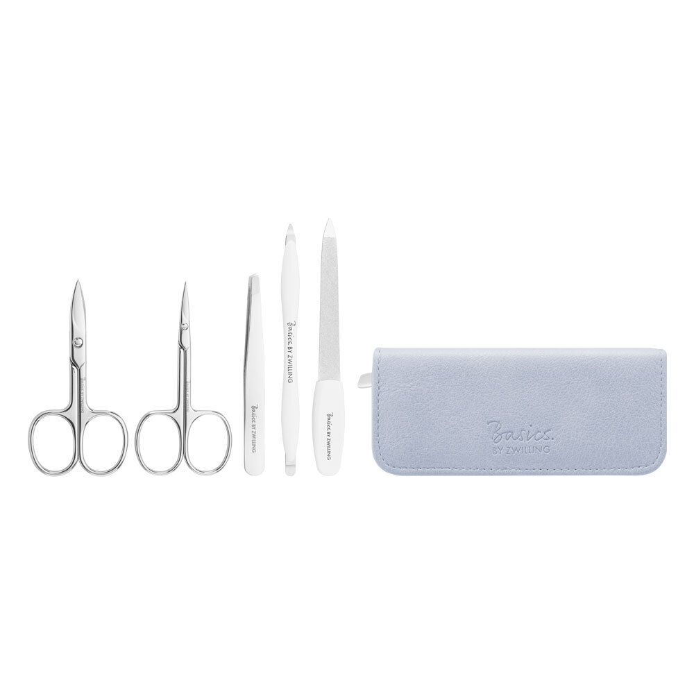 Nagelpflege-Set mit Schere, Pinzette, Nagelhautschieber und Feile. Inklusive Etui. Marke: Basics by Zwilling.