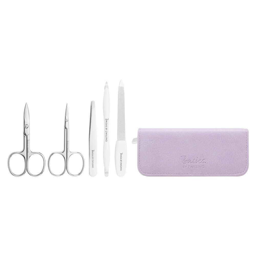 Nagelpflege-Set mit lila Etui. Enthält Schere, Pinzette, Feile und weitere Werkzeuge. Marke: Basics by Zwilling.