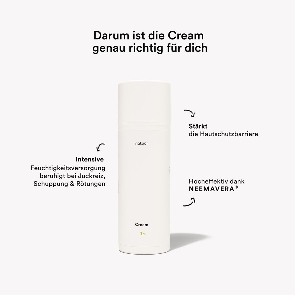 Frau mit lockigem Haar lächelt, umgeben von Icons, die beruhigende und juckreizlindernde Eigenschaften hervorheben.