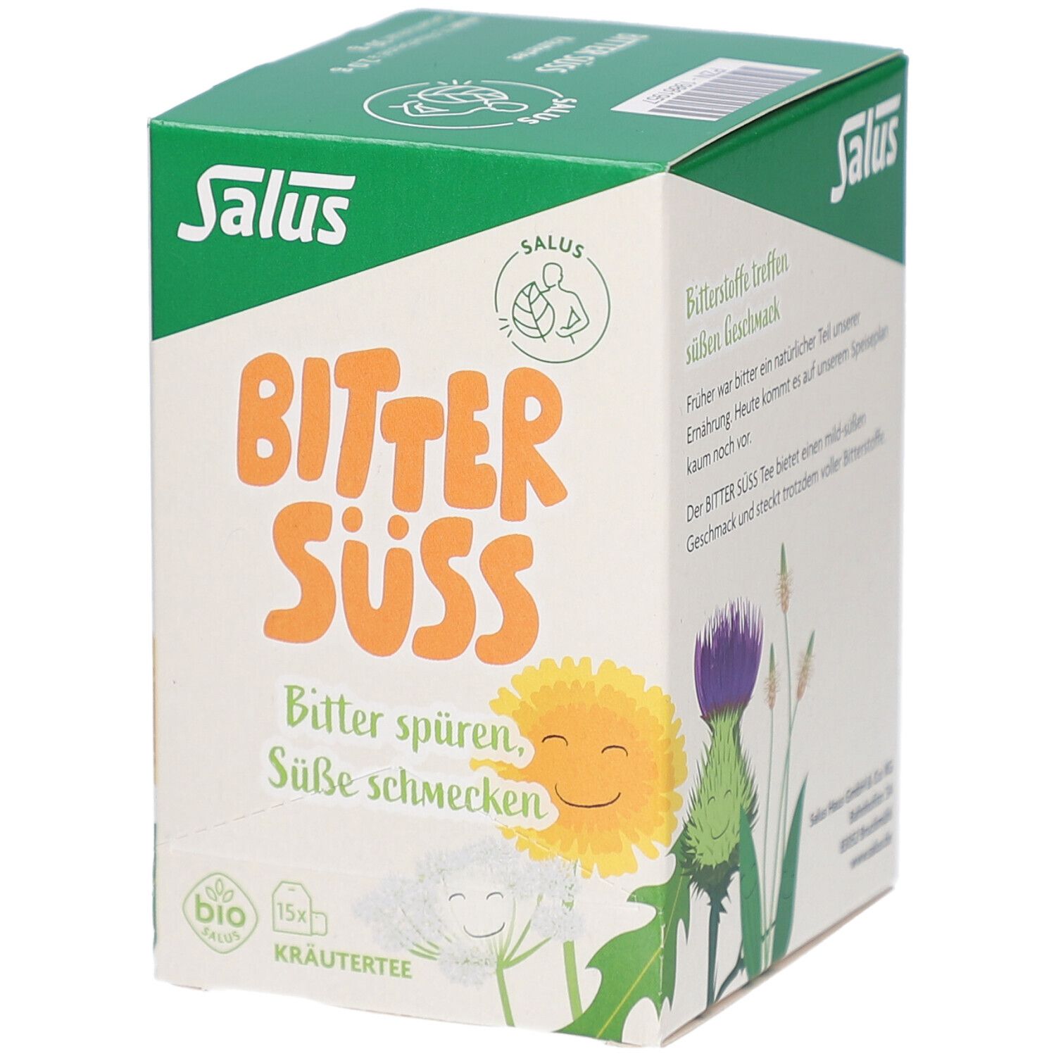 Teebox mit Text: Bitterstoffe treffen süßen Geschmack. Marke Salus. Kräutertee. Abbildung einer Blume.
