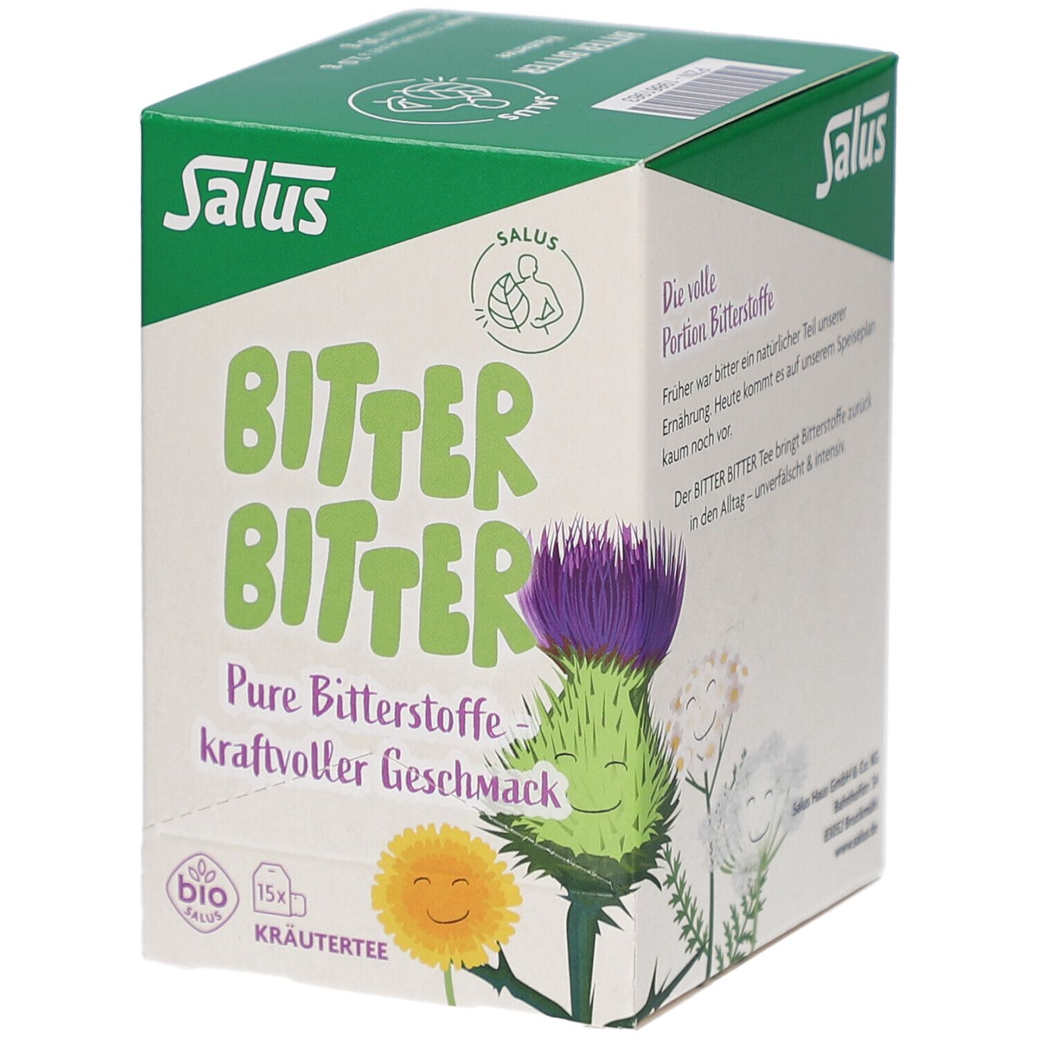 Karton. Grün-weiß. Text: Bitter Bitter, Kräutertee, Bio-Siegel. Illustrationen: Distel, Löwenzahn. Salus Logo.