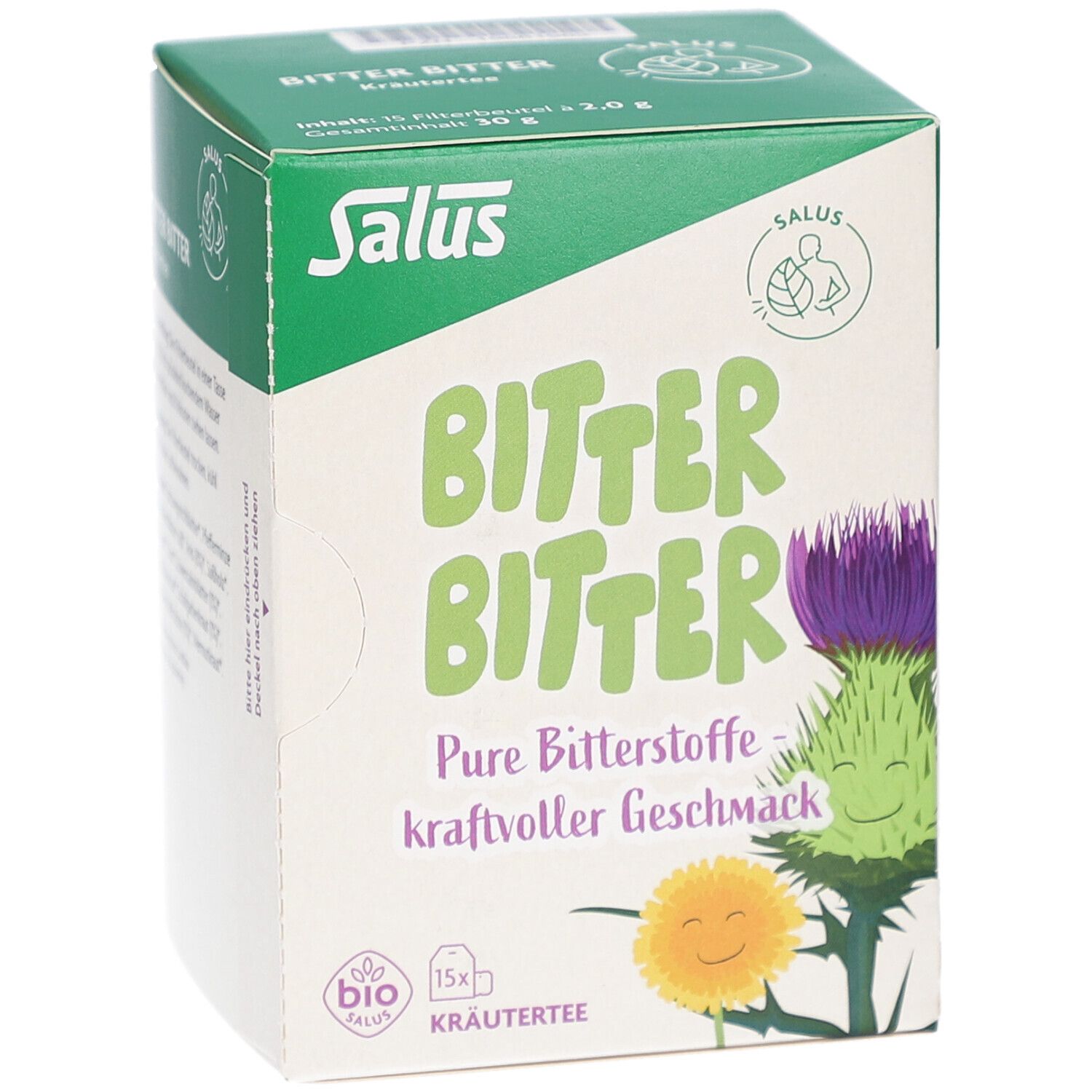 Karton. Grün-weiß. Text: Bitter Bitter, Kräutertee, Bio-Siegel. Illustrationen: Distel, Löwenzahn. Salus Logo.
