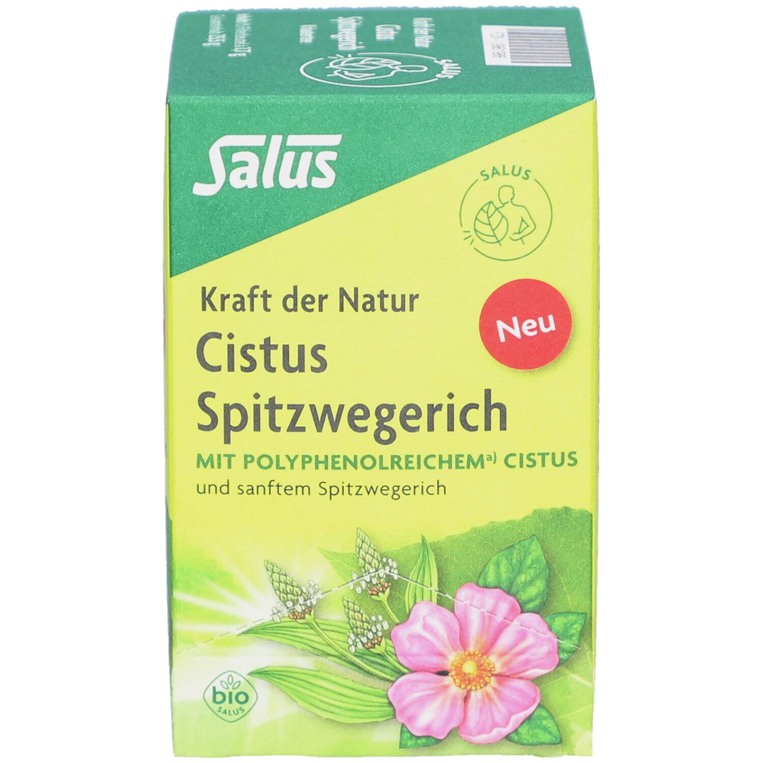 Grüne Schachtel mit "Salus", "Cistus Spitzwegerich". Bio-Siegel. Blume und Blätter abgebildet. Roter Aufkleber "Neu".