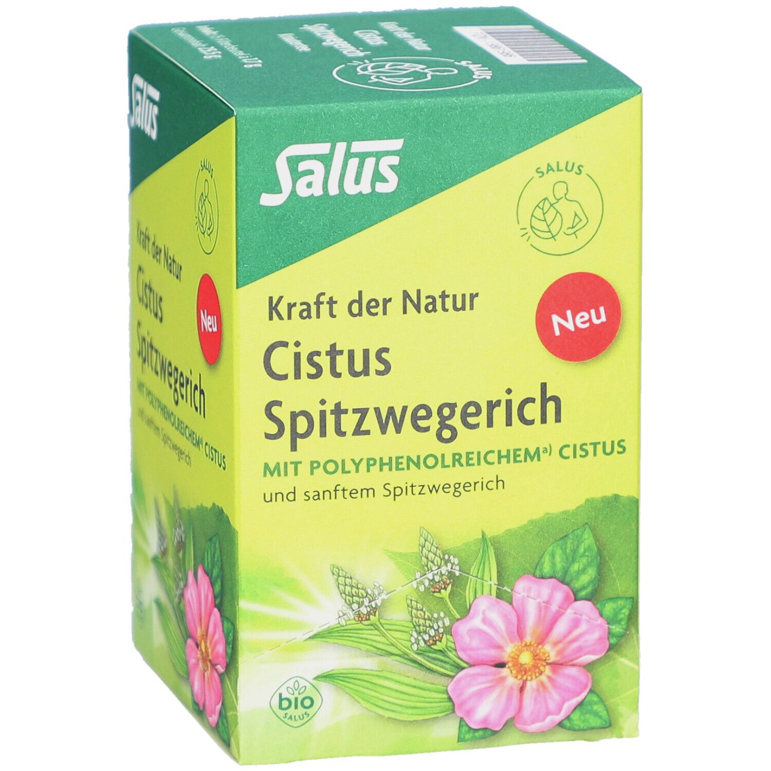 Grüne Schachtel mit "Salus", "Cistus Spitzwegerich". Bio-Siegel. Blume und Blätter abgebildet. Roter Aufkleber "Neu".