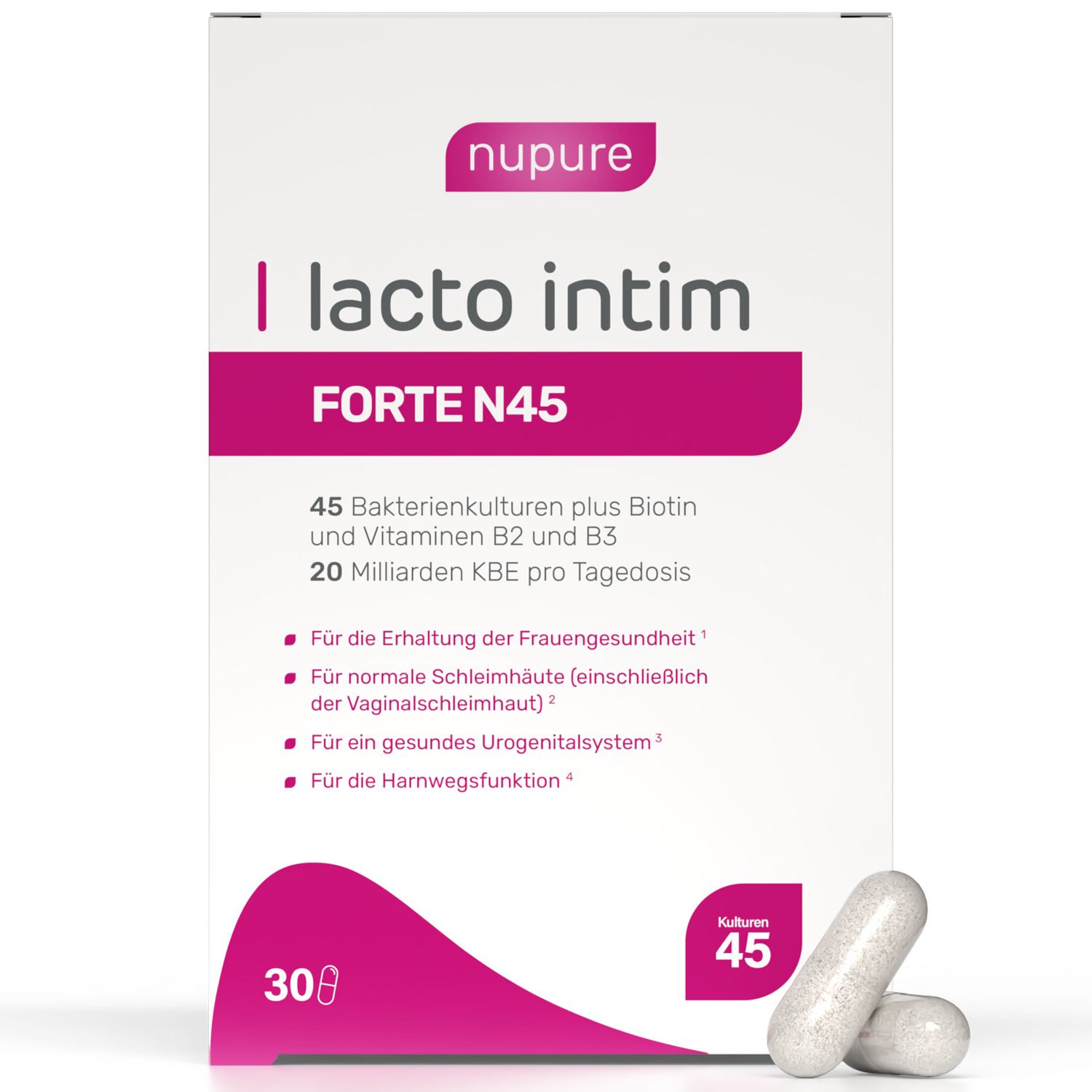 Produktverpackung von Nupure Lacto Intim Forte N45. Enthält 45 Bakterienkulturen, Vitamine und 30 Kapseln.