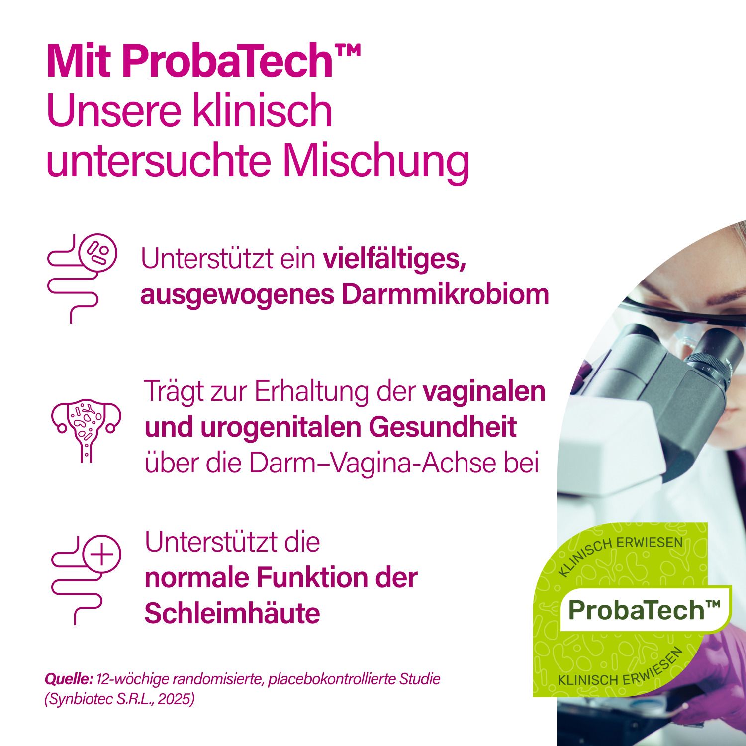 Grafik mit Text: Mit ProbaTech. Klinisch untersuchte Mischung. Unterstützt Darmmikrobiom, vaginale Gesundheit, Schleimhäute.