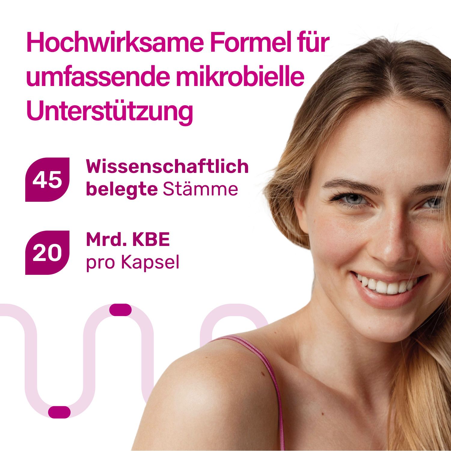 Frau lächelt. Text: Hochwirksame Formel für umfassende mikrobielle Unterstützung. 45 Stämme, 20 Mrd. KBE.