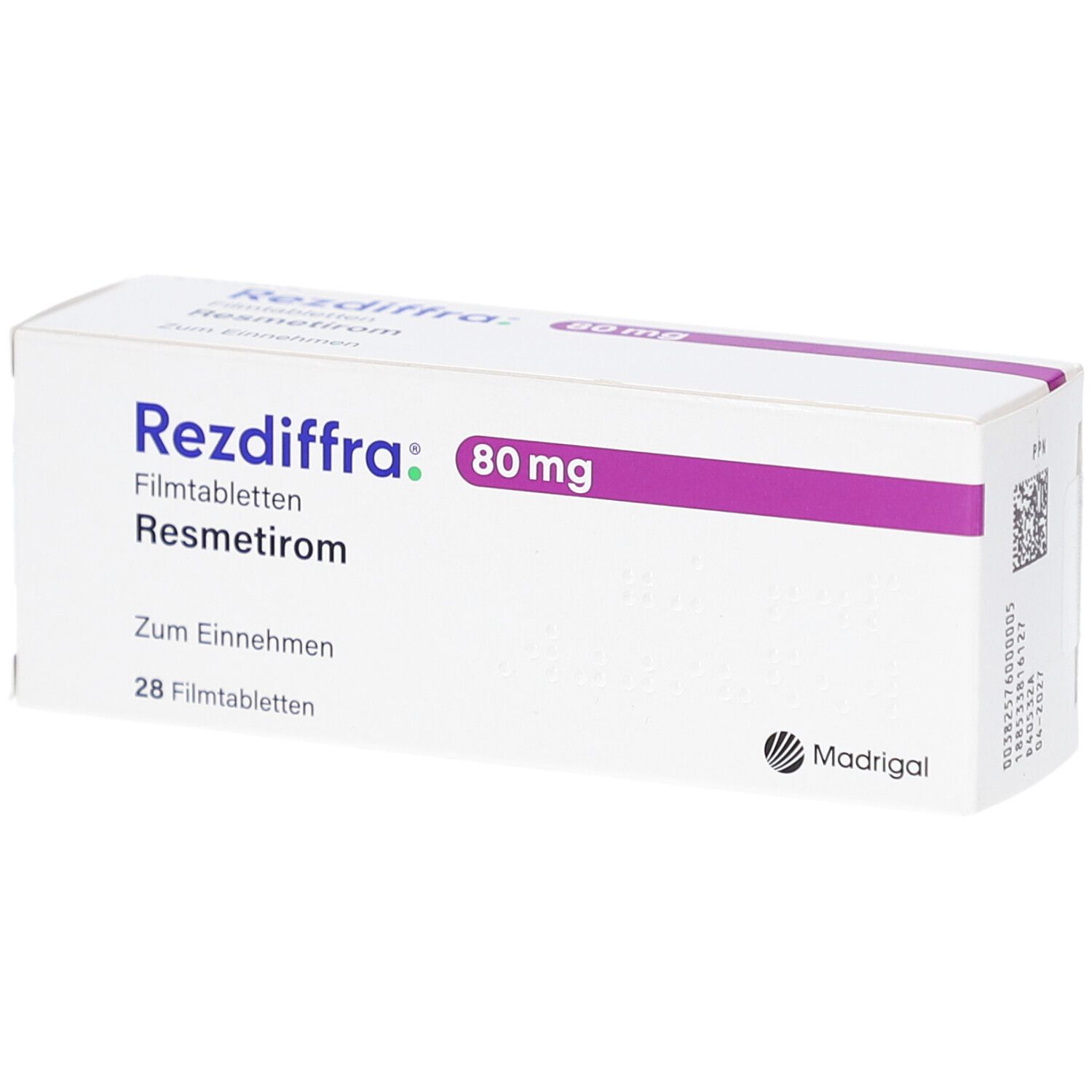 Weiße Schachtel mit lila Akzenten. Aufschrift: Rezdiffra 80 mg Filmtabletten, Resmetirom, 28 Filmtabletten. Madrigal Logo.