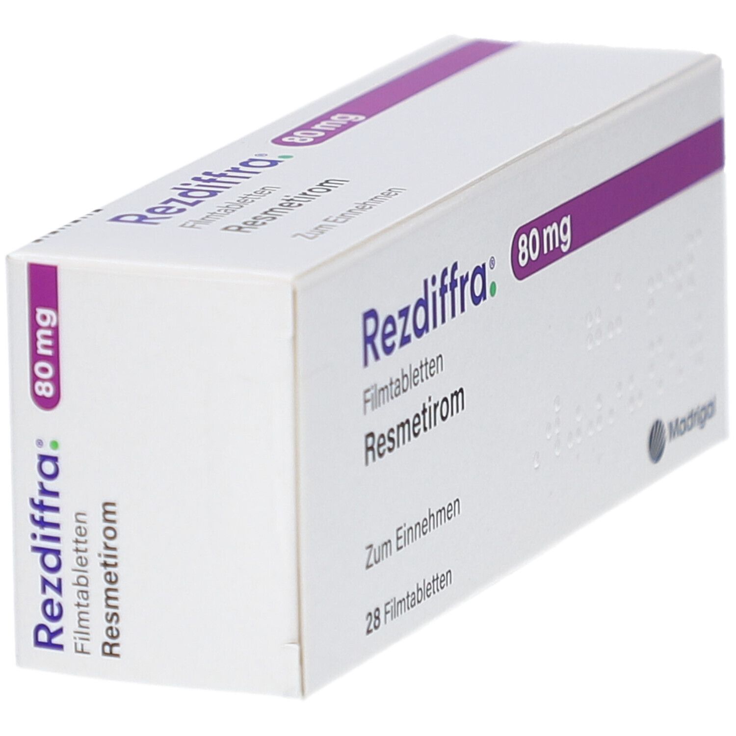 Weiße Schachtel mit lila Akzenten. Aufschrift: Rezdiffra 80 mg Filmtabletten, Resmetirom, 28 Filmtabletten. Madrigal Logo.
