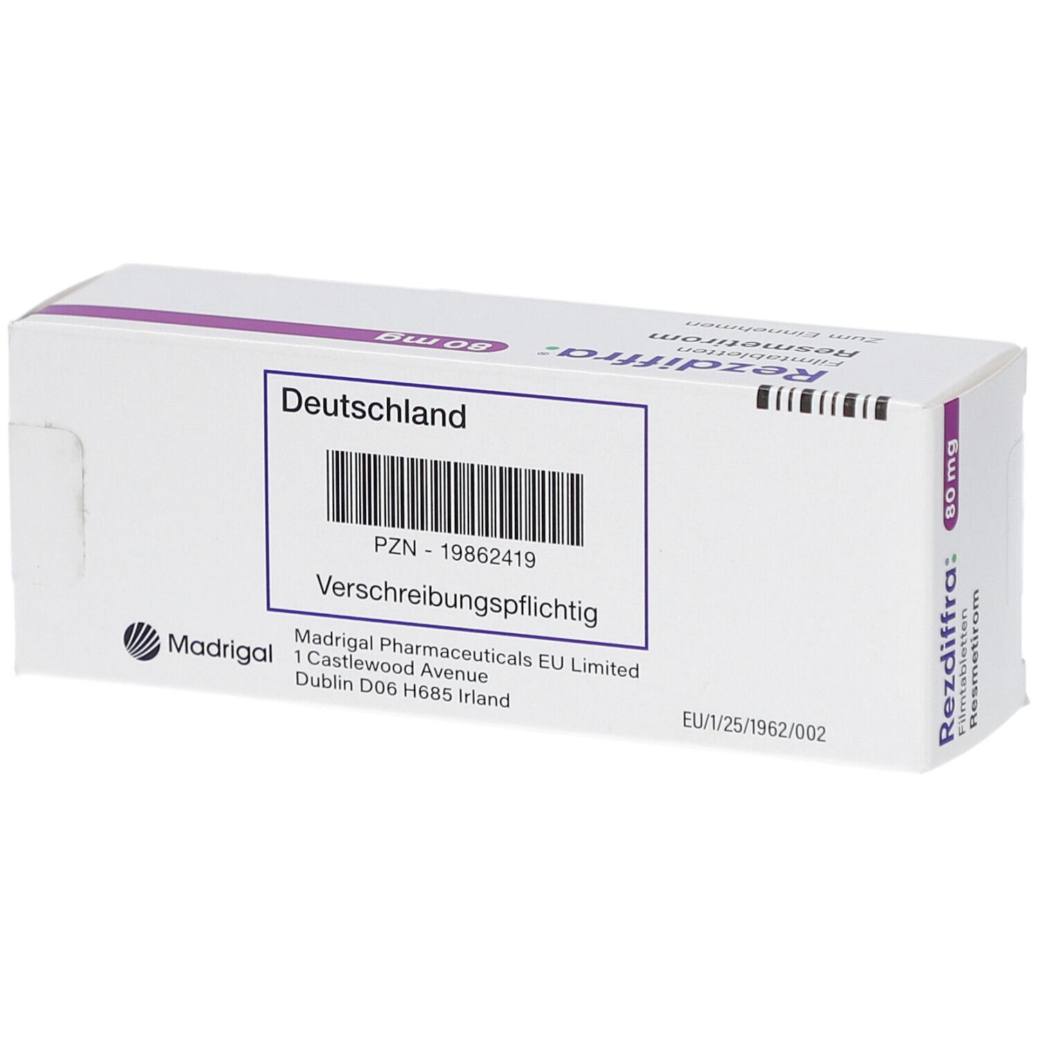 Weiße Schachtel mit lila Akzenten. Aufschrift: Rezdiffra 80 mg Filmtabletten, Resmetirom. Barcode und Text: Verschreibungspflichtig.