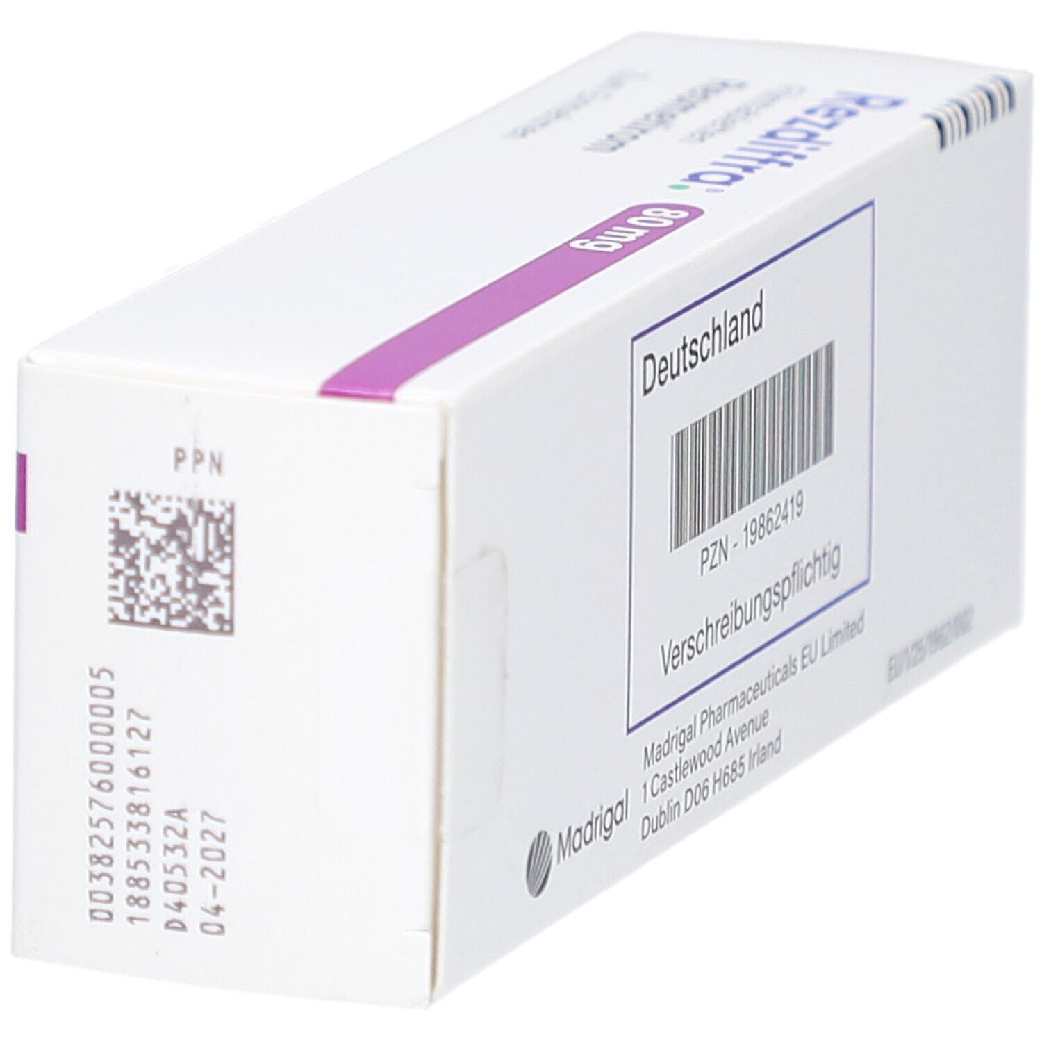 Weiße Schachtel mit lila Akzenten. Aufschrift: Rezdiffra 80 mg Filmtabletten, Resmetirom. Barcode und Text: Verschreibungspflichtig.