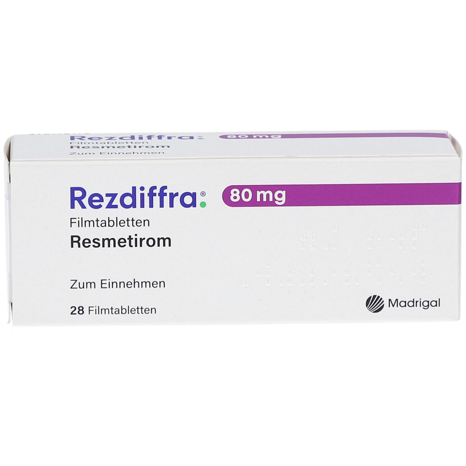 Weiße Schachtel mit lila Akzenten. Aufschrift: Rezdiffra 80 mg Filmtabletten, Resmetirom, 28 Filmtabletten. Madrigal Logo.