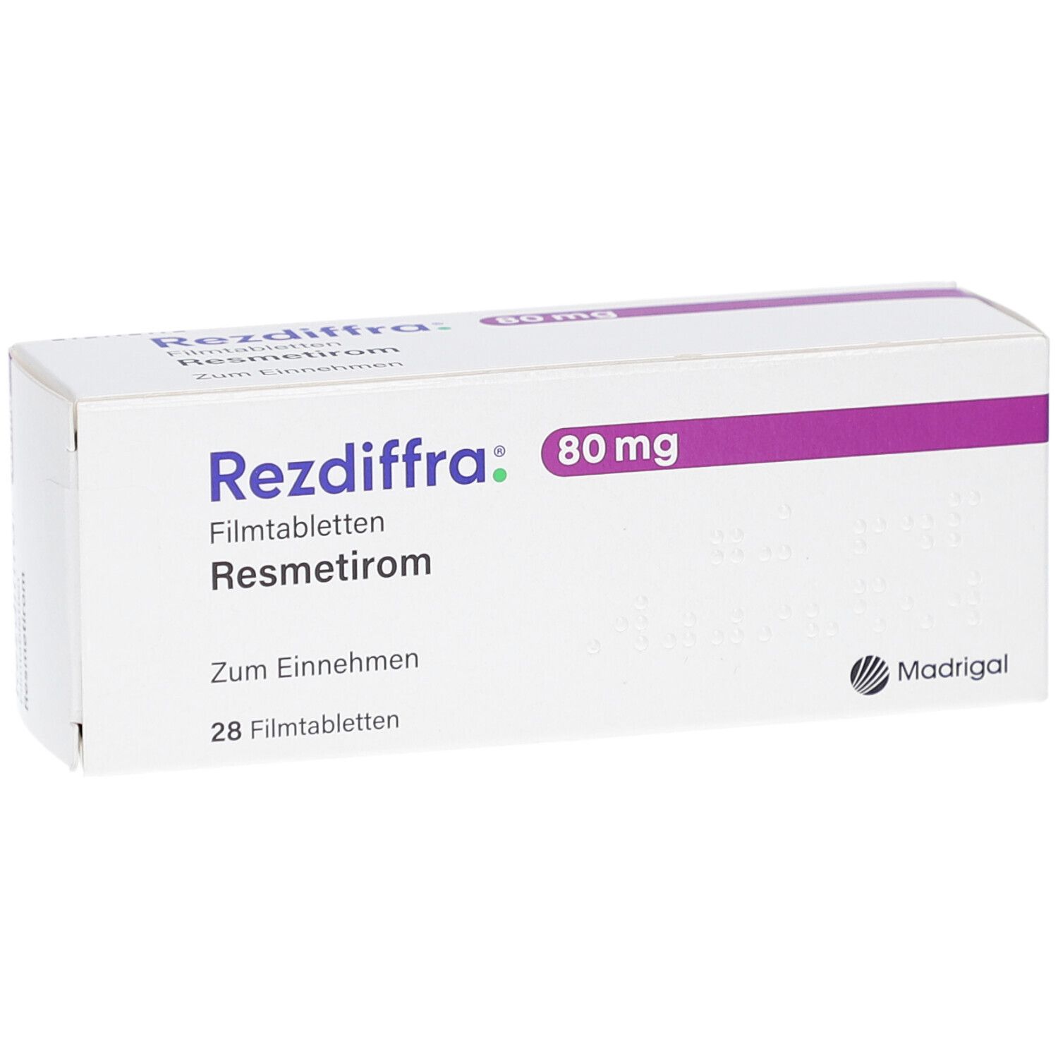 Weiße Schachtel mit lila Akzenten. Aufschrift: Rezdiffra 80 mg Filmtabletten, Resmetirom, 28 Filmtabletten. Madrigal Logo.