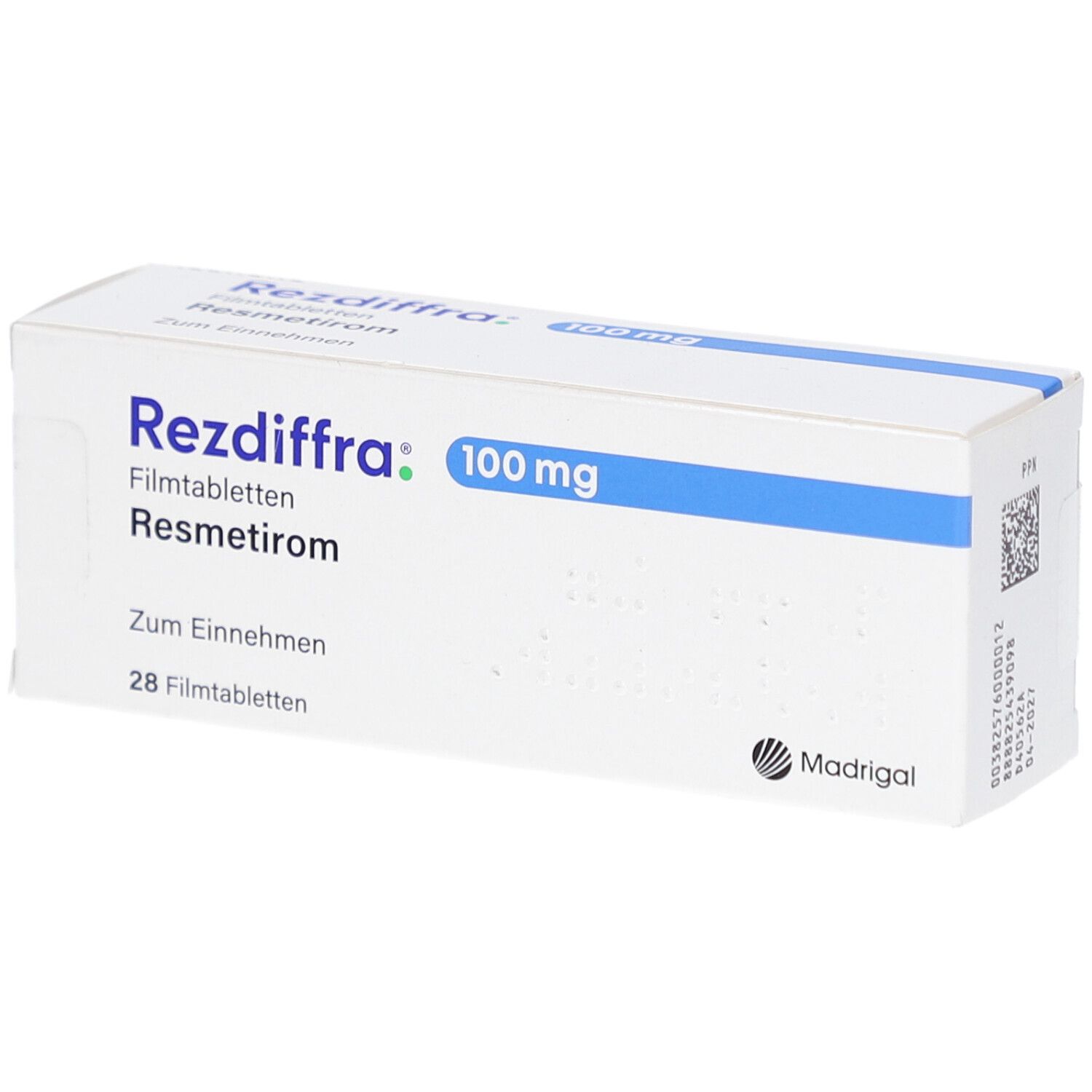 Weiße Schachtel mit blauer Linie. Aufschrift: Rezdiffra 100 mg Filmtabletten, Resmetirom. 28 Filmtabletten. Madrigal Logo.