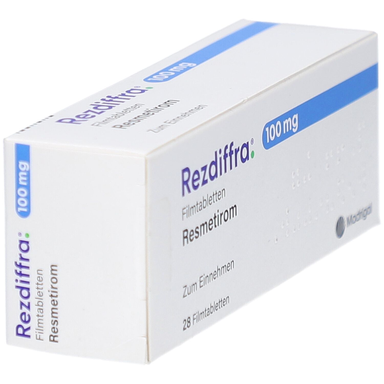 Weiße Schachtel mit blauer Linie. Aufschrift: Rezdiffra 100 mg Filmtabletten, Resmetirom. 28 Filmtabletten. Madrigal Logo.