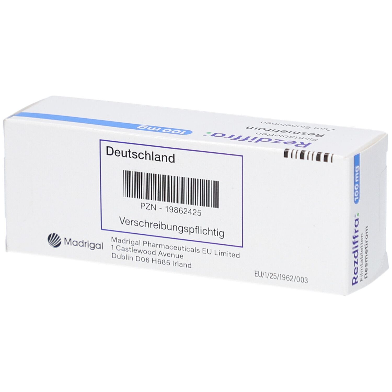 Weiße Schachtel mit Barcode und Aufschrift: Deutschland, Verschreibungspflichtig. Madrigal Logo. EU-Kennzeichnung.