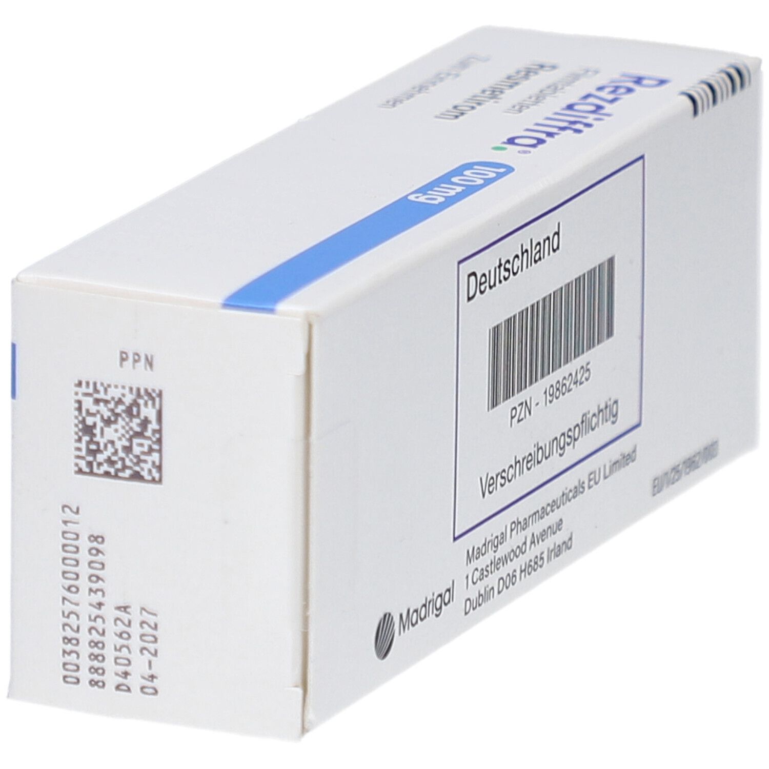 Weiße Schachtel mit Barcode und Aufschrift: Deutschland, Verschreibungspflichtig. PPN-Code und Verfallsdatum.