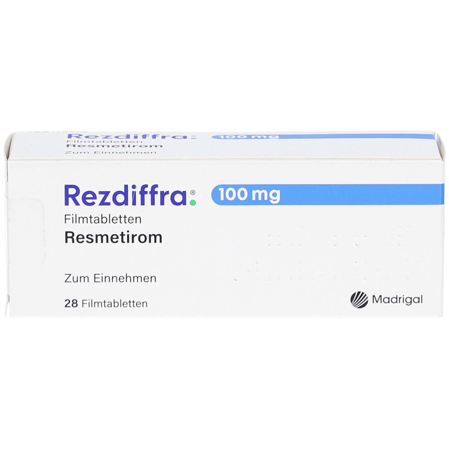 Weiße Schachtel mit blauer Linie. Aufschrift: Rezdiffra 100 mg Filmtabletten, Resmetirom. 28 Filmtabletten. Madrigal Logo.