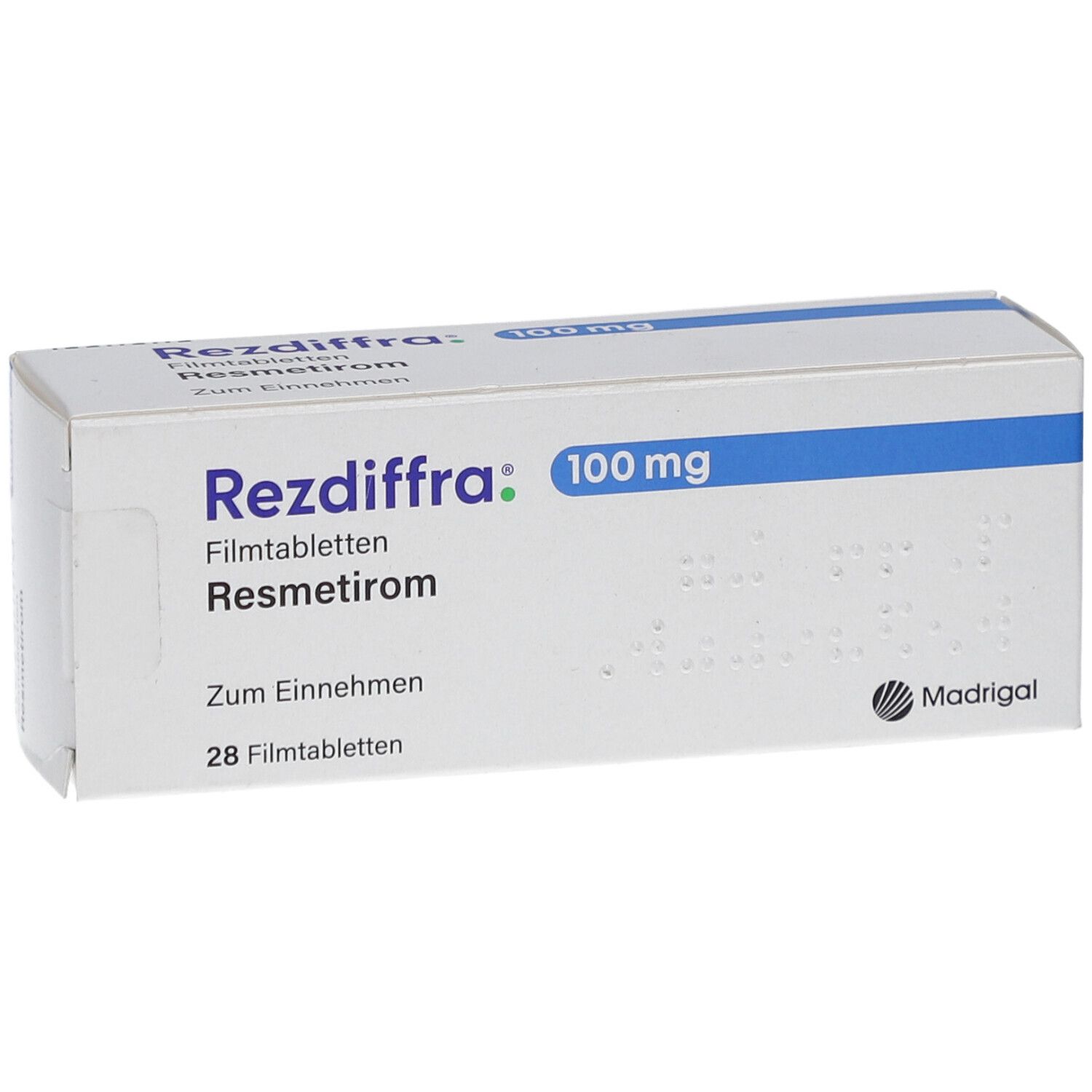 Weiße Schachtel mit blauer Linie. Aufschrift: Rezdiffra 100 mg Filmtabletten, Resmetirom. 28 Filmtabletten. Madrigal Logo.
