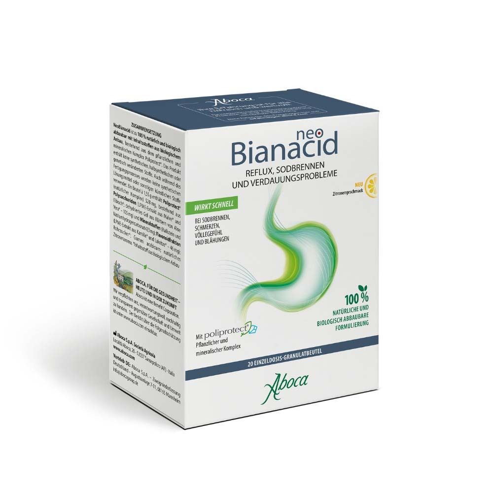 Karton von NeoBianacid, Schriftzug und Logo. 20 Beutel Granulat. 100% natürliche, biologische Formel. Aboca-Logo.
