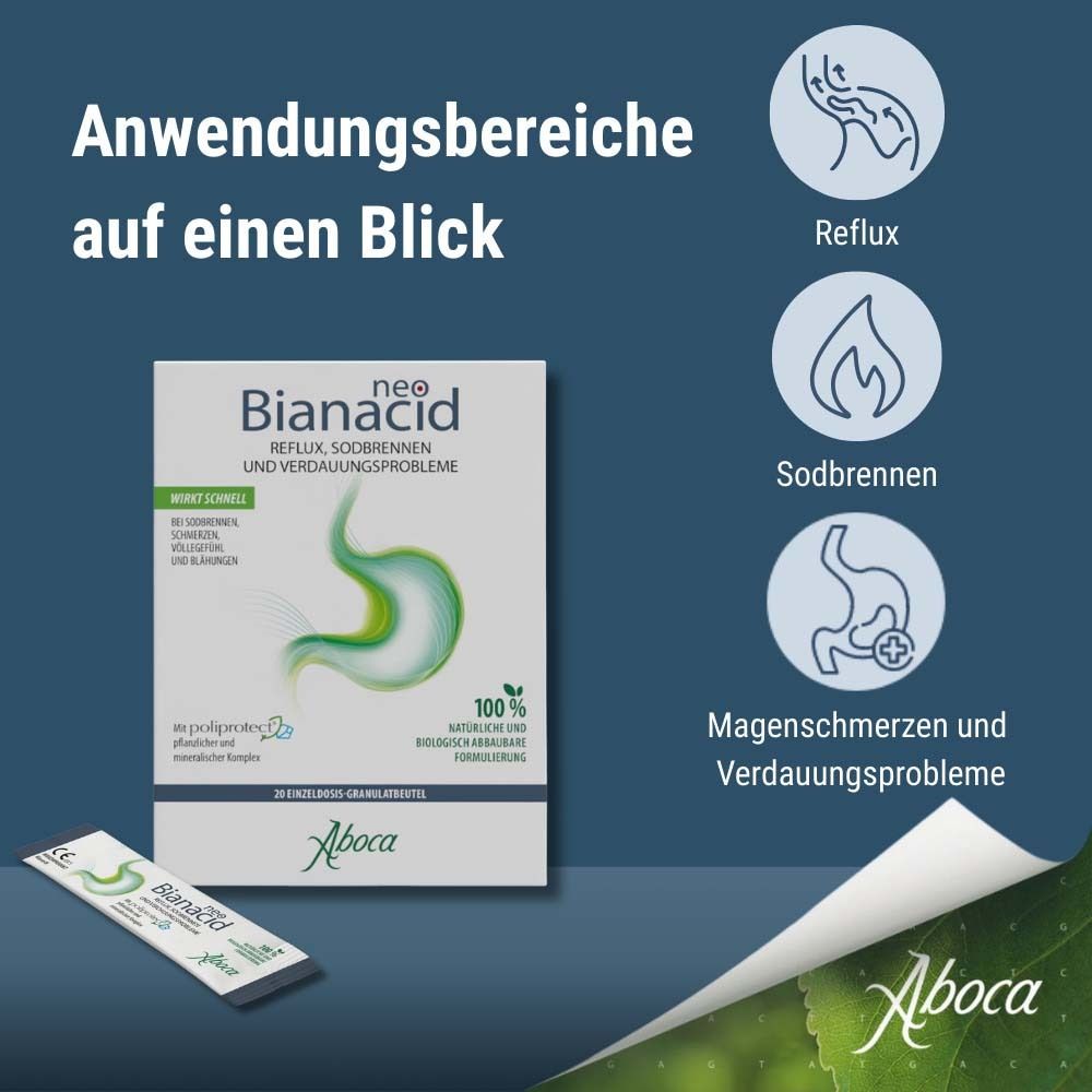 Anwendungsbereiche von NeoBianacid: Reflux, Sodbrennen, Magenschmerzen und Verdauungsprobleme. Aboca-Logo.