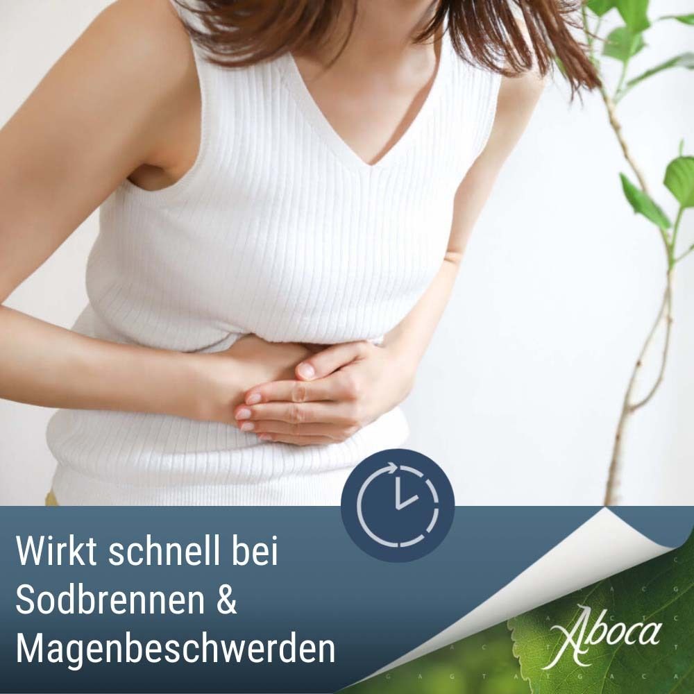 Frau hält sich den Bauch. Text: Wirkt schnell bei Sodbrennen & Magenbeschwerden. Aboca-Logo.