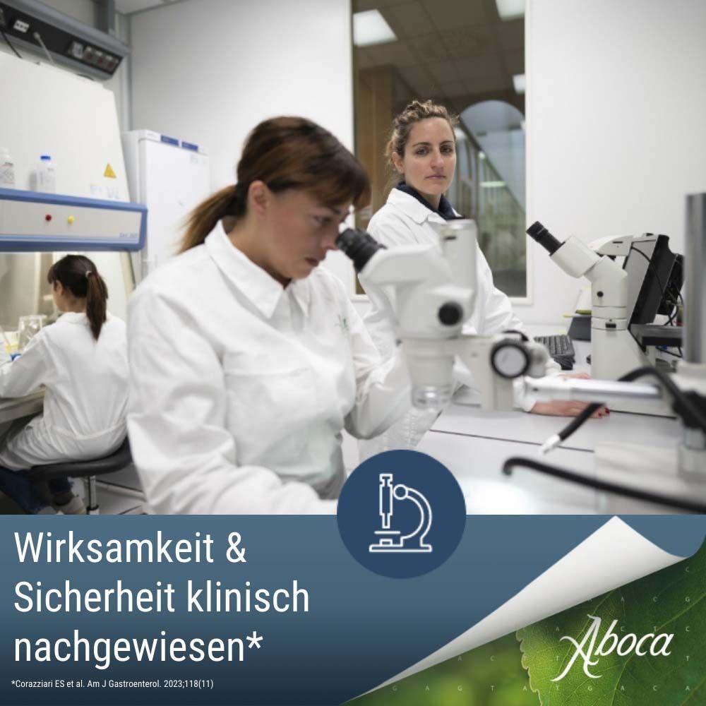 Wissenschaftler im Labor. Text: Wirksamkeit & Sicherheit klinisch nachgewiesen. Aboca-Logo.