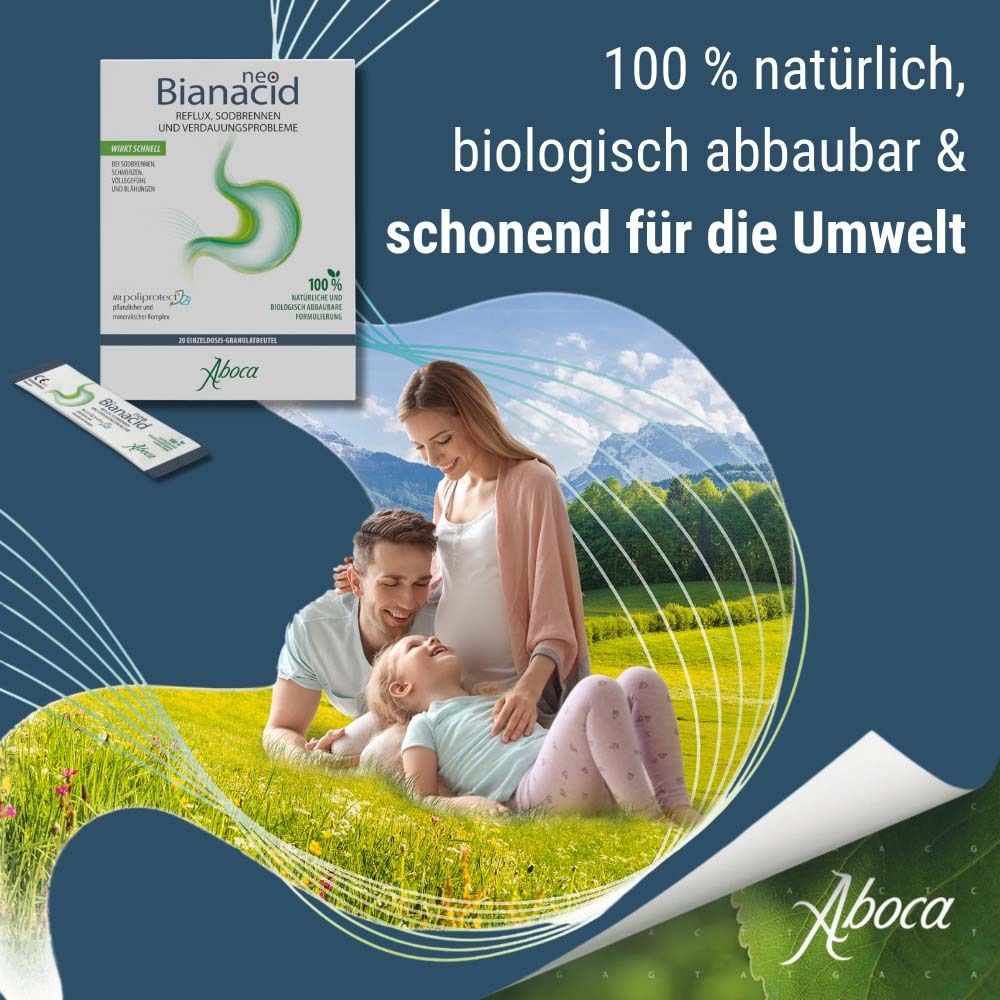 Familie im Grünen. NeoBianacid-Packung und Beutel. Text: 100 % natürlich, biologisch abbaubar & schonend für die Umwelt. Aboca-Logo.
