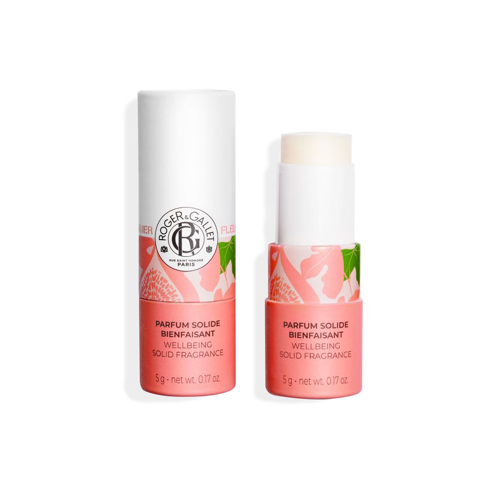 Zwei zylindrische Behälter. Einer ist geschlossen, der andere geöffnet, mit einem festen Duftstoff. Aufschrift: Roger & Gallet, Fleur de Figuier, Parfum Solide.
