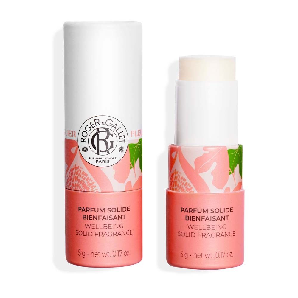 Zwei zylindrische Behälter, einer geöffnet. Aufschrift: ROGER & GALLET, PARFUM SOLIDE BIENFAISANT, WELLBEING SOLID FRAGRANCE. Produkt sichtbar.