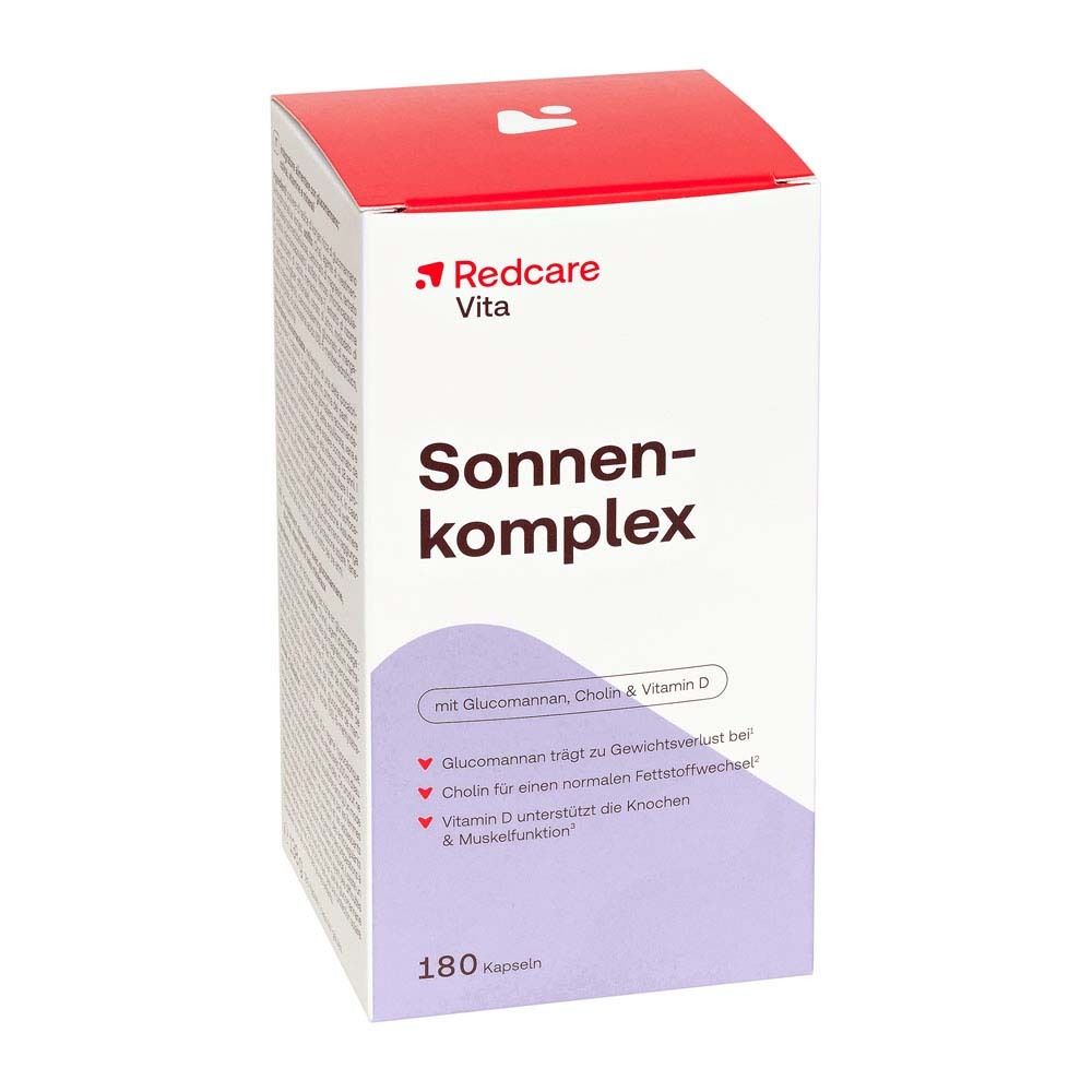 Weiße Schachtel mit 'Redcare Vita Sonnenkomplex'. 180 Kapseln. Roter Deckel.