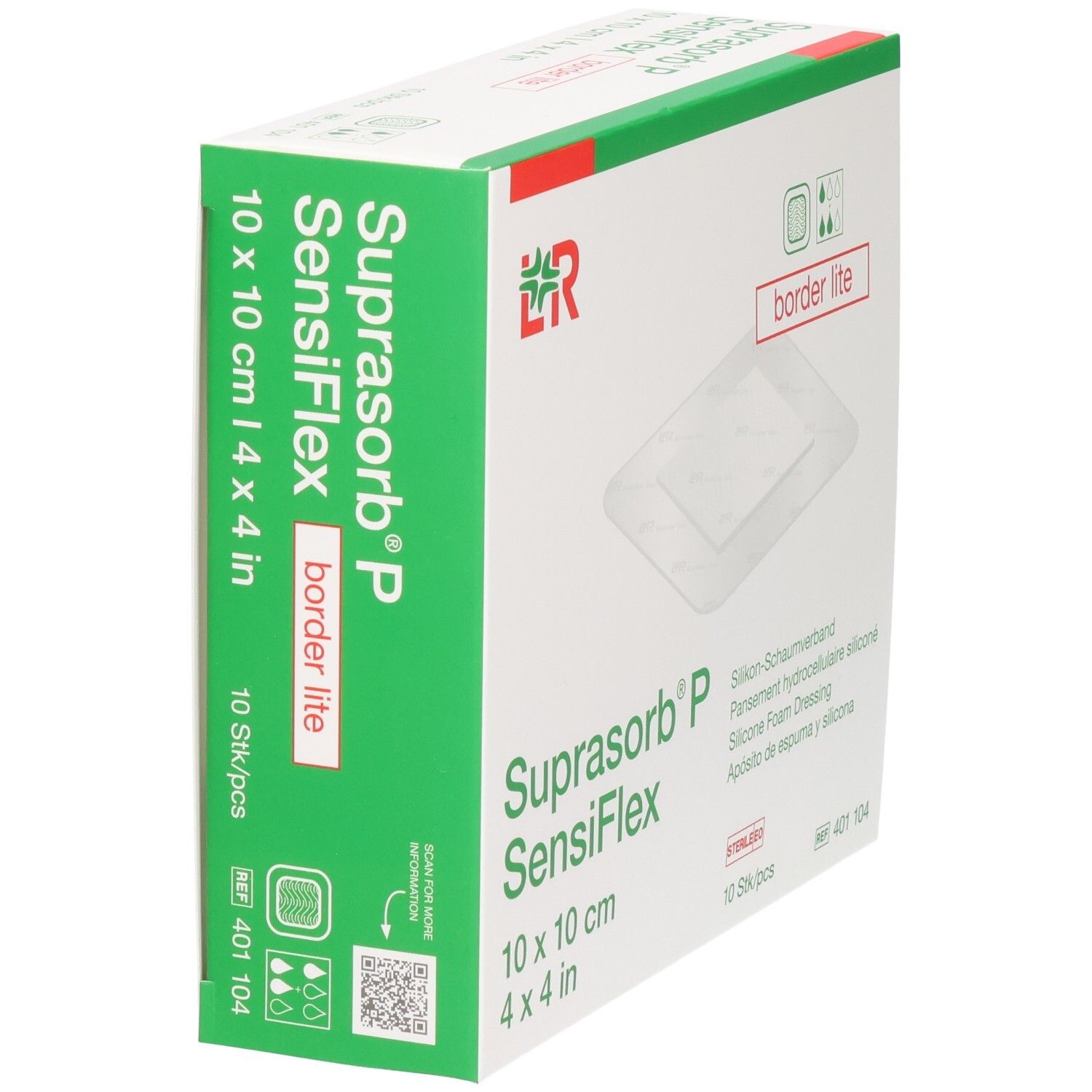 Verpackung SUPRASORB P SensiFlex border lite, 10x10cm, 10 Stück. Silikon-Schaumverband.