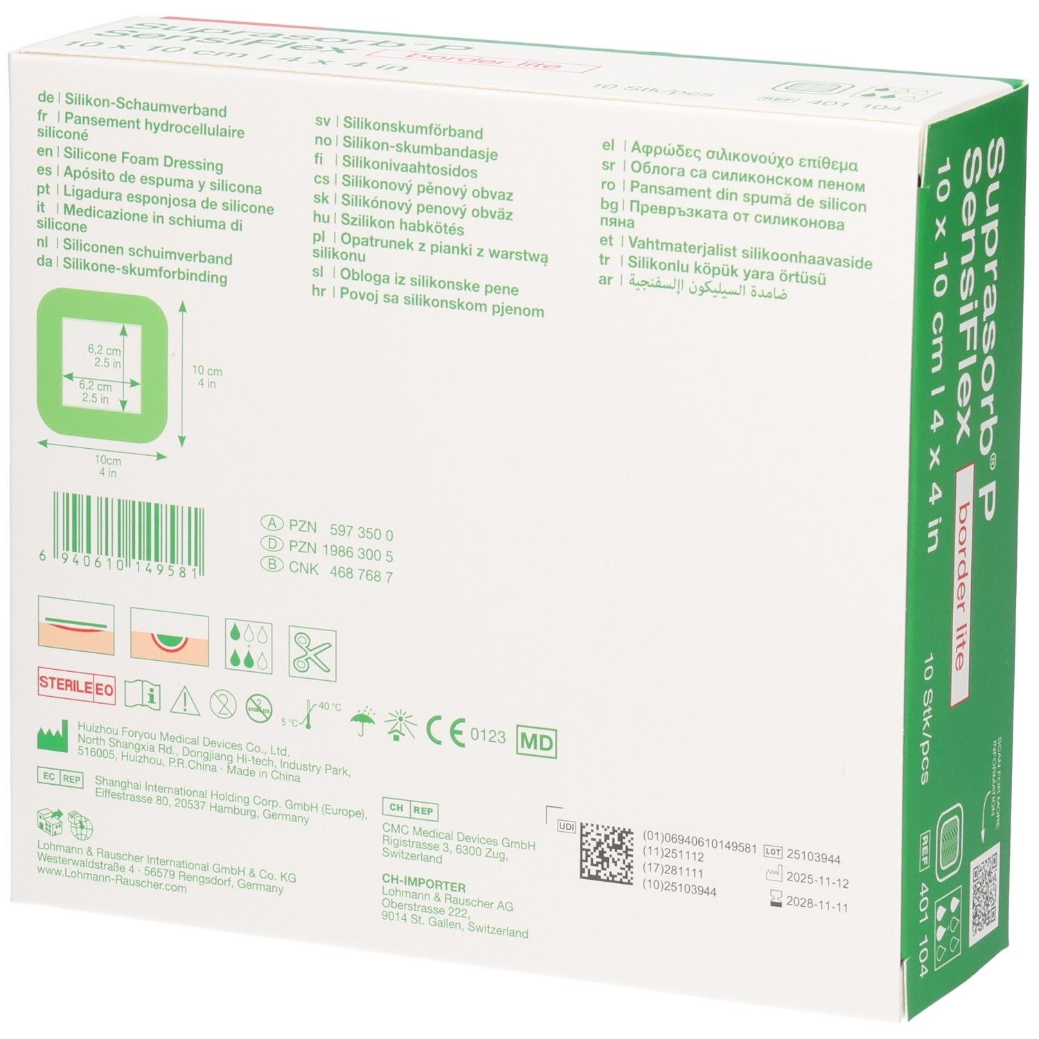 Rückseite Verpackung SUPRASORB P SensiFlex border lite, 10x10cm. Enthält Anwendungssymbole und Produktinformationen.